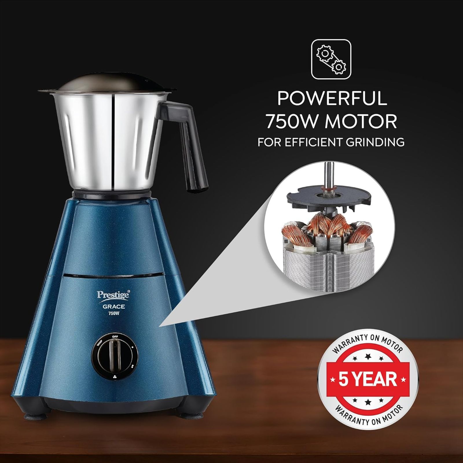 Prestige Grace 750 Watt 4 Jars Mixer Grinder (Dome Shaped LID, Blue & Black)_5
