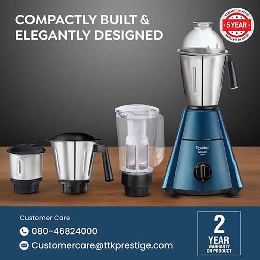 Prestige Grace 750 Watt 4 Jars Mixer Grinder (Dome Shaped LID, Blue & Black)_4