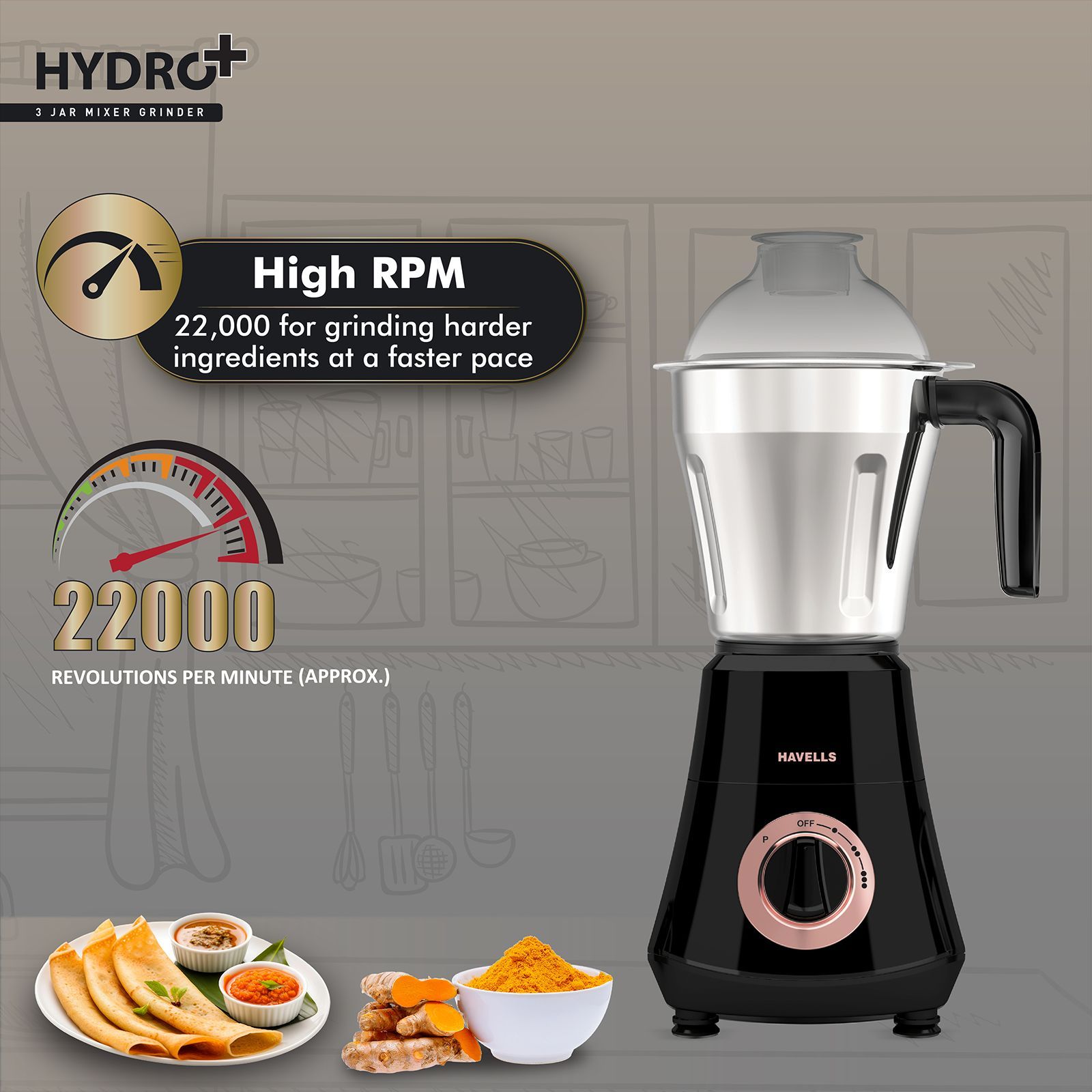 HAVELLS Hydro Plus 1000 Watt 3 Jars Mixer Grinder (22000 RPM, Patented Motor Cooling Technology, Black)_5