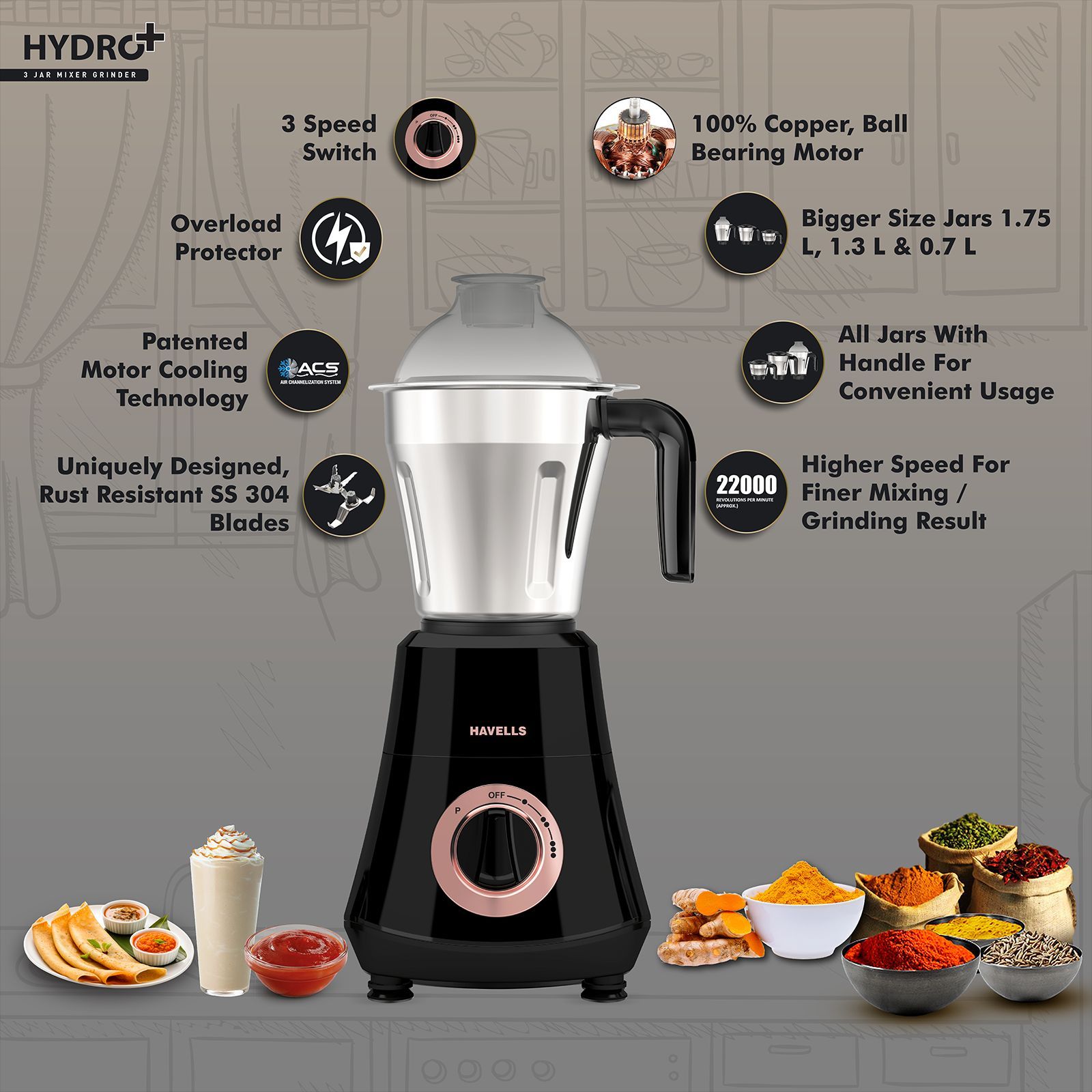 HAVELLS Hydro Plus 1000 Watt 3 Jars Mixer Grinder (22000 RPM, Patented Motor Cooling Technology, Black)_7