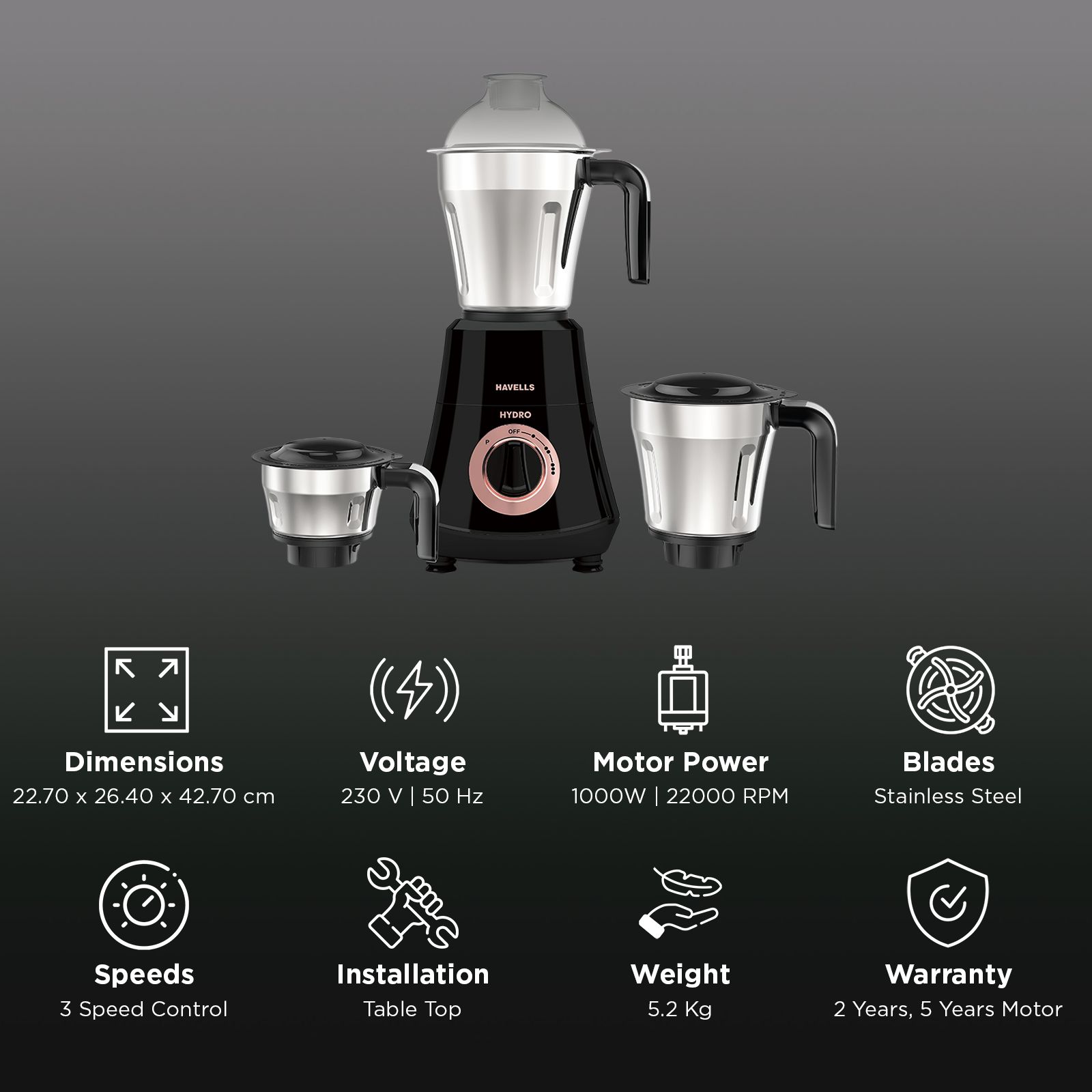 HAVELLS Hydro Plus 1000 Watt 3 Jars Mixer Grinder (22000 RPM, Patented Motor Cooling Technology, Black)_2