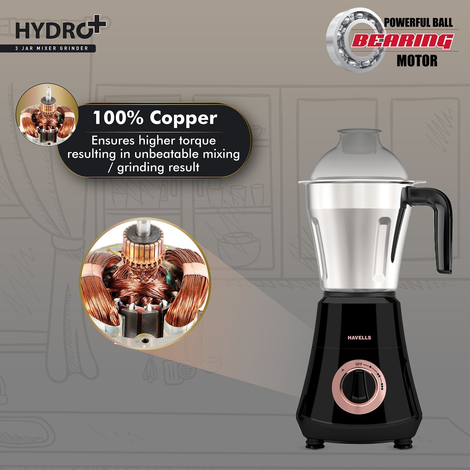 HAVELLS Hydro Plus 1000 Watt 3 Jars Mixer Grinder (22000 RPM, Patented Motor Cooling Technology, Black)_3