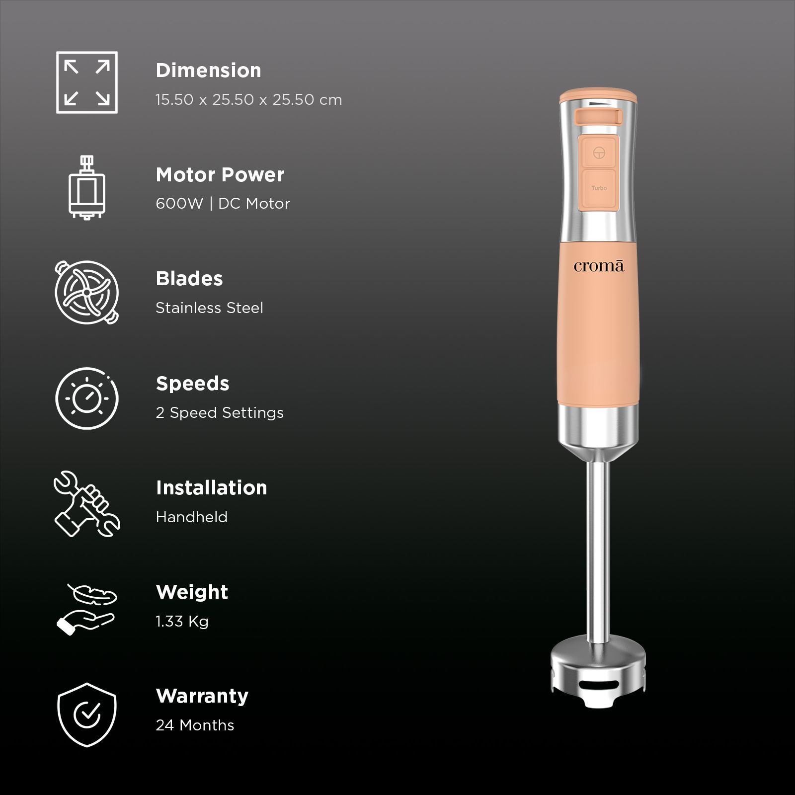 Croma AK5705 600 Watt Hand Blender with 3 Attachments (Speed Selector, Peach)_2
