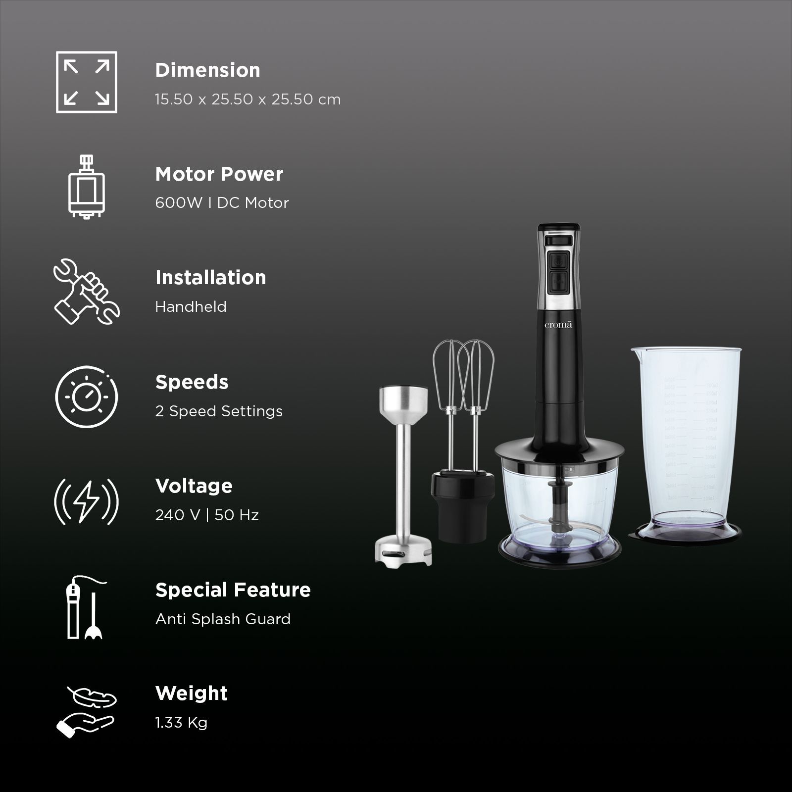 Croma AK5701 600 Watt Hand Blender with 4 Attachments (Speed Selector, Black) Croma AK5701 600 Watt Hand Blender with 4 Attachments (Speed Selector, Black)_2