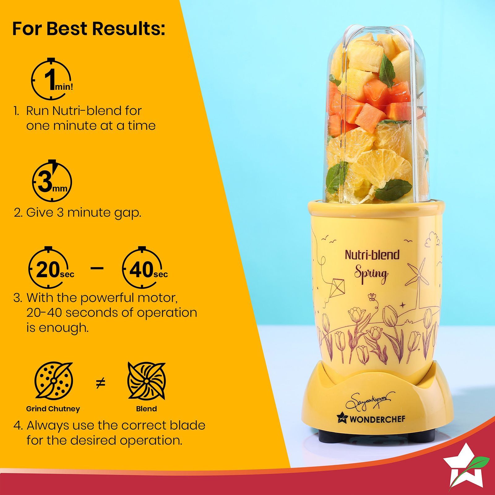 WONDERCHEF Nutri-blend Spring 500 Watt 2 Jars Mixer Grinder Blender (22000 RPM, 100% Copper Motor, Yellow) WONDERCHEF Nutri-blend Spring 500 Watt 2 Jars Mixer Grinder Blender (22000 RPM, 100% Copper Motor, Yellow)_9