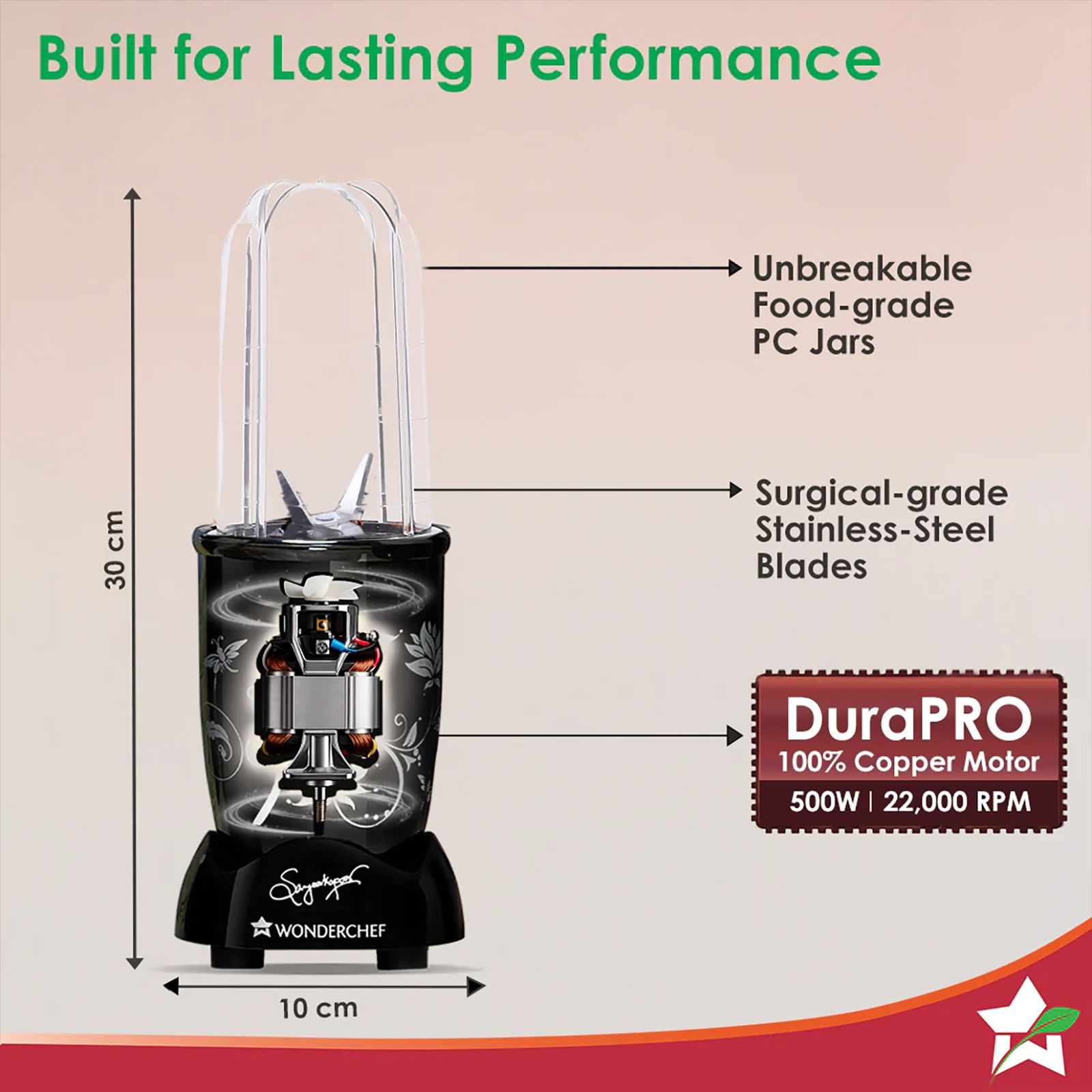 WONDERCHEF Nutri-blend 500 Watt 2 Jars Mixer Grinder Blender (22000 RPM, Powerful Motor, Black)_3