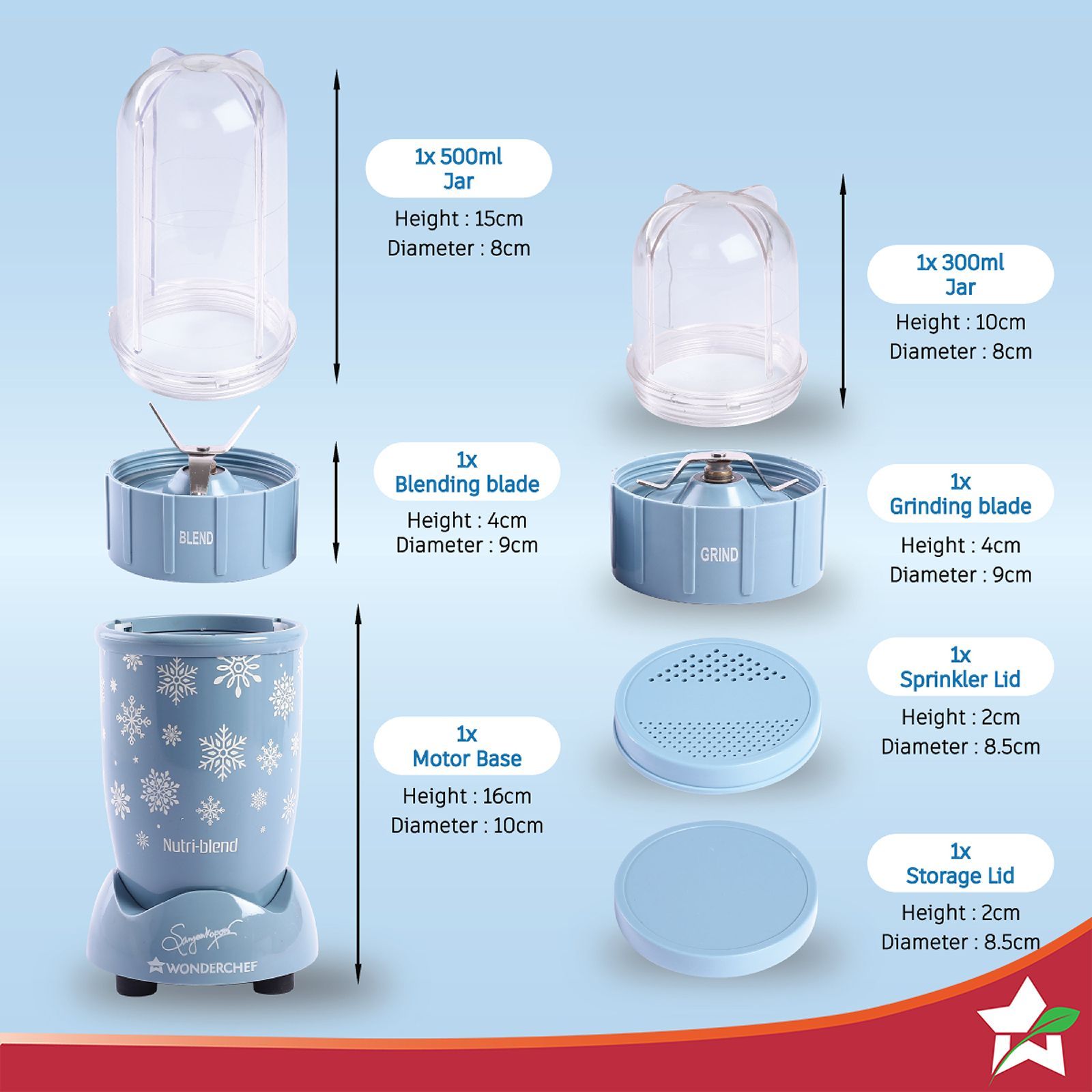 WONDERCHEF Nutri-blend Snowflakes 500 Watt 2 Jars Mixer Grinder Blender (22000 RPM, Powerful Motor, Blue)_6