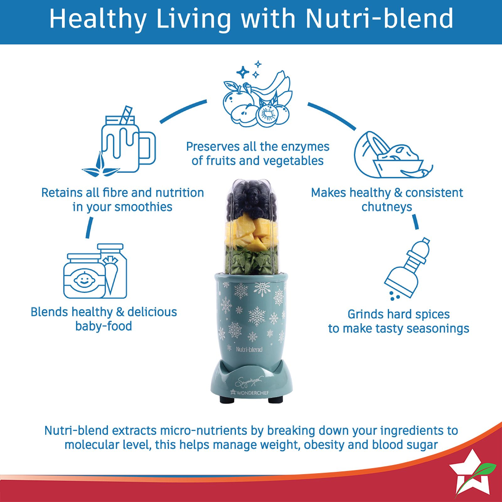WONDERCHEF Nutri-blend Snowflakes 500 Watt 2 Jars Mixer Grinder Blender (22000 RPM, Powerful Motor, Blue)_7
