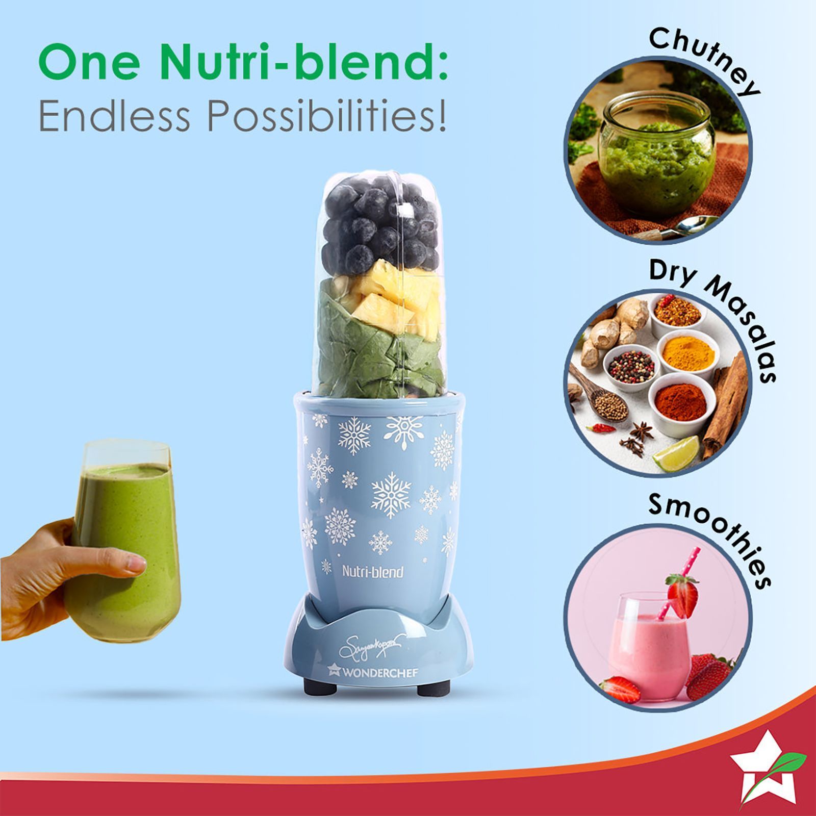 WONDERCHEF Nutri-blend Snowflakes 500 Watt 2 Jars Mixer Grinder Blender (22000 RPM, Powerful Motor, Blue)_8