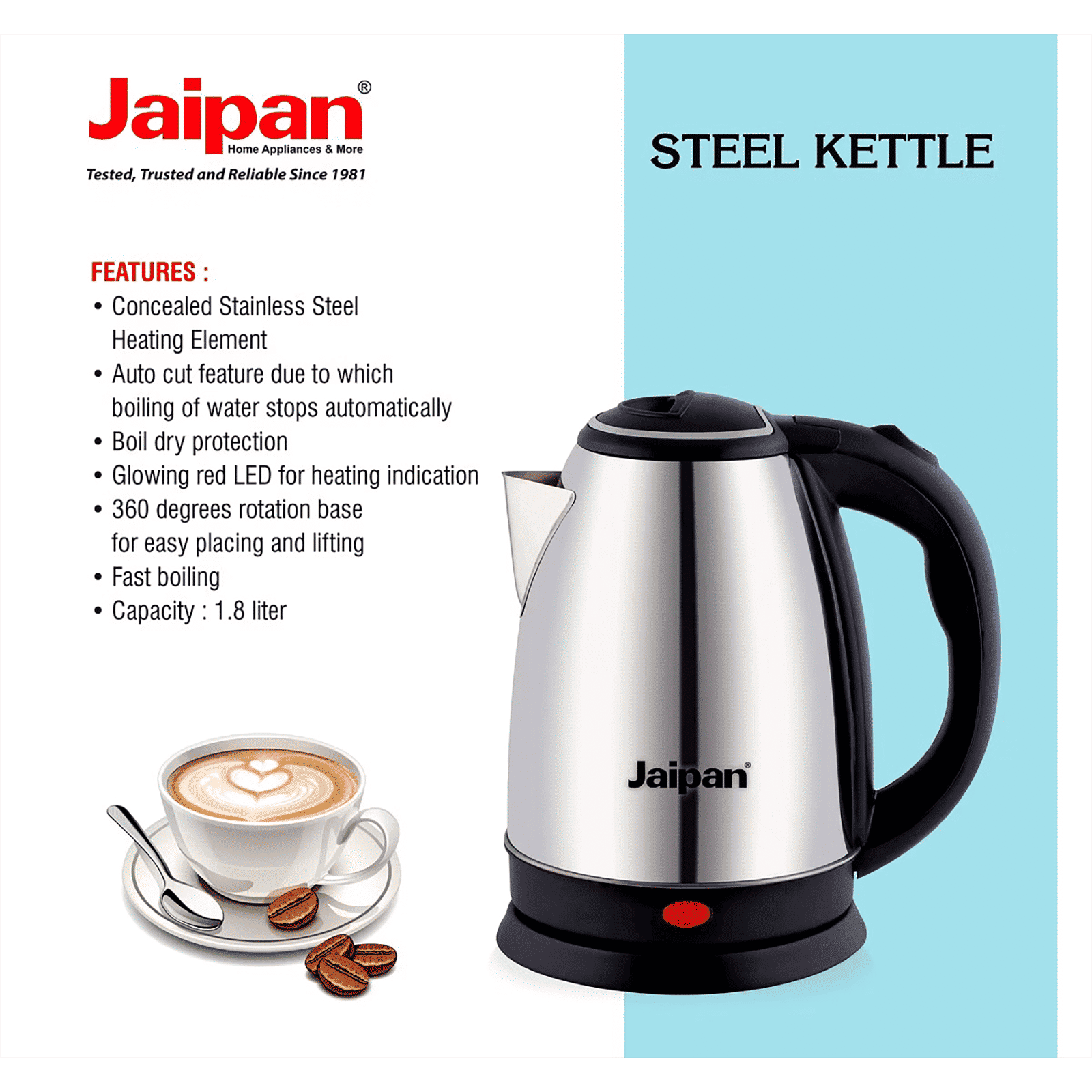 Jaipan 1500 Watt 1.8 Litre Electric Kettle with 360 Rotation Base (Silver)_3
