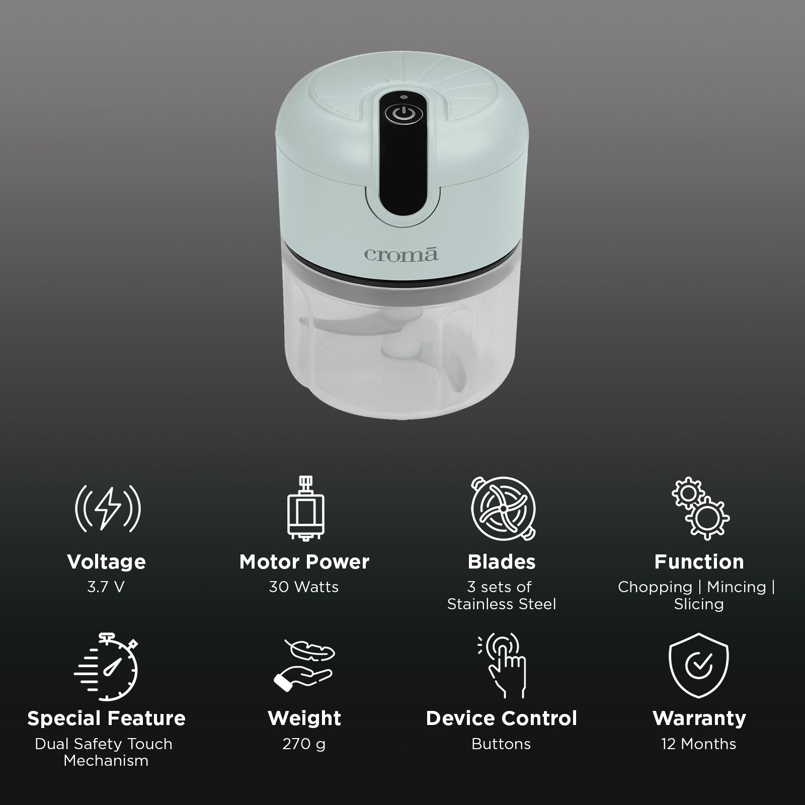 Croma 30 Watt Vegetable & Fruits Chopper with 3 Blades (White)_2