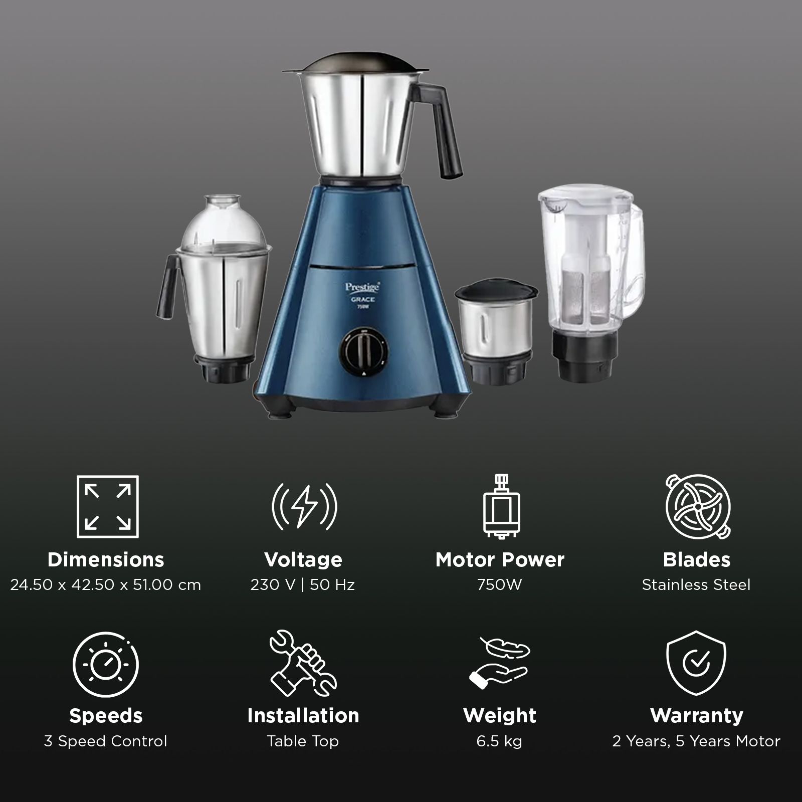 Prestige Grace 750 Watt 4 Jars Juicer Mixer Grinder (Dome Shaped Lid, Blue & Black)_2