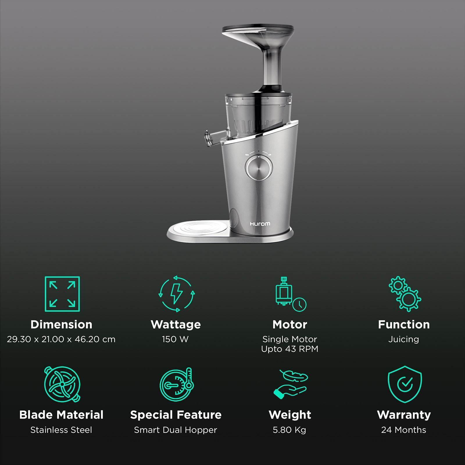 Hurom Easy Series 150 Watt Cold Press Juicer (43 RPM, Quiet Operation, Titanium Grey)_2