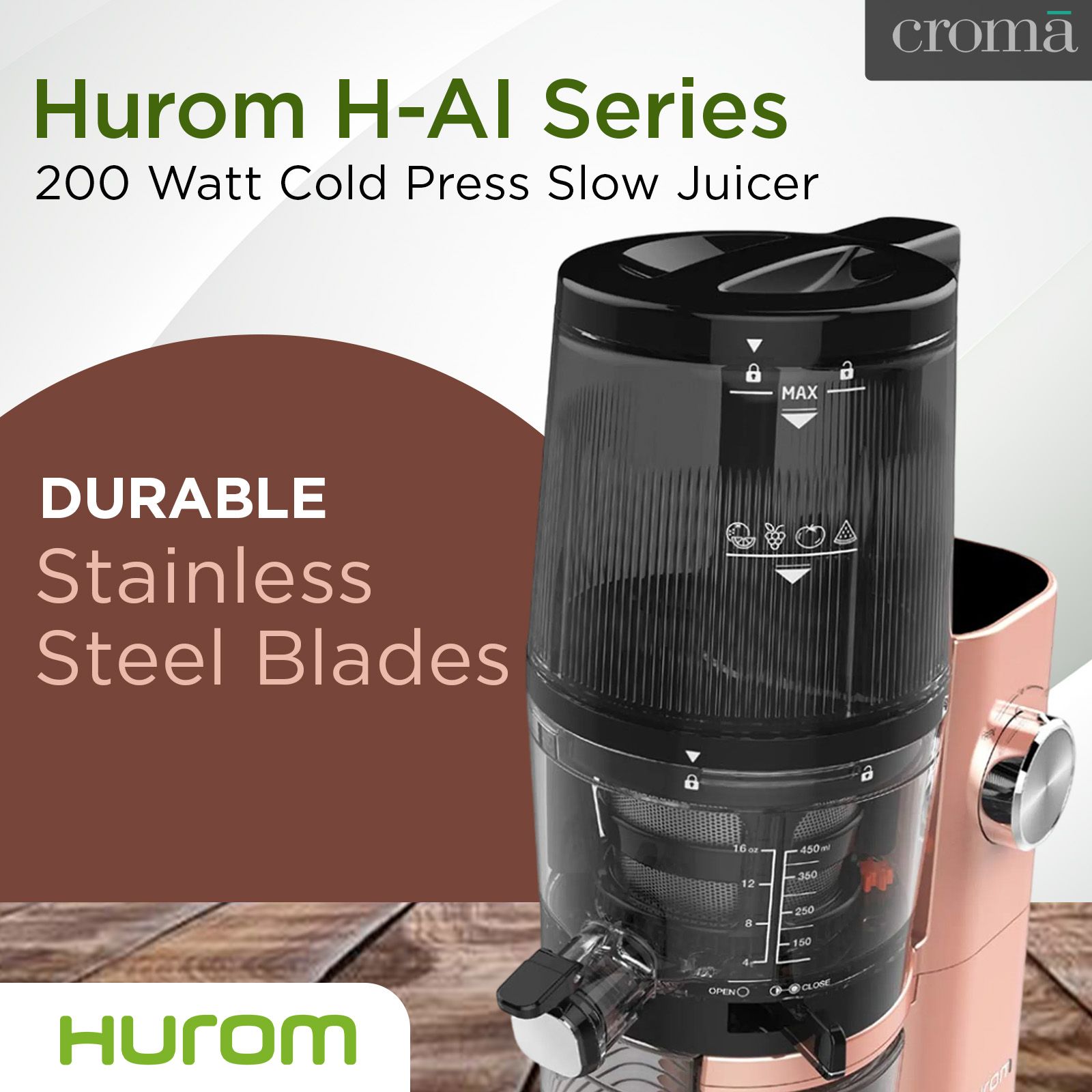 Hurom H-AI Series 200 Watt Cold Press Slow Juicer (60 RPM, Latest Squeezing Technology, Rose Gold)_18