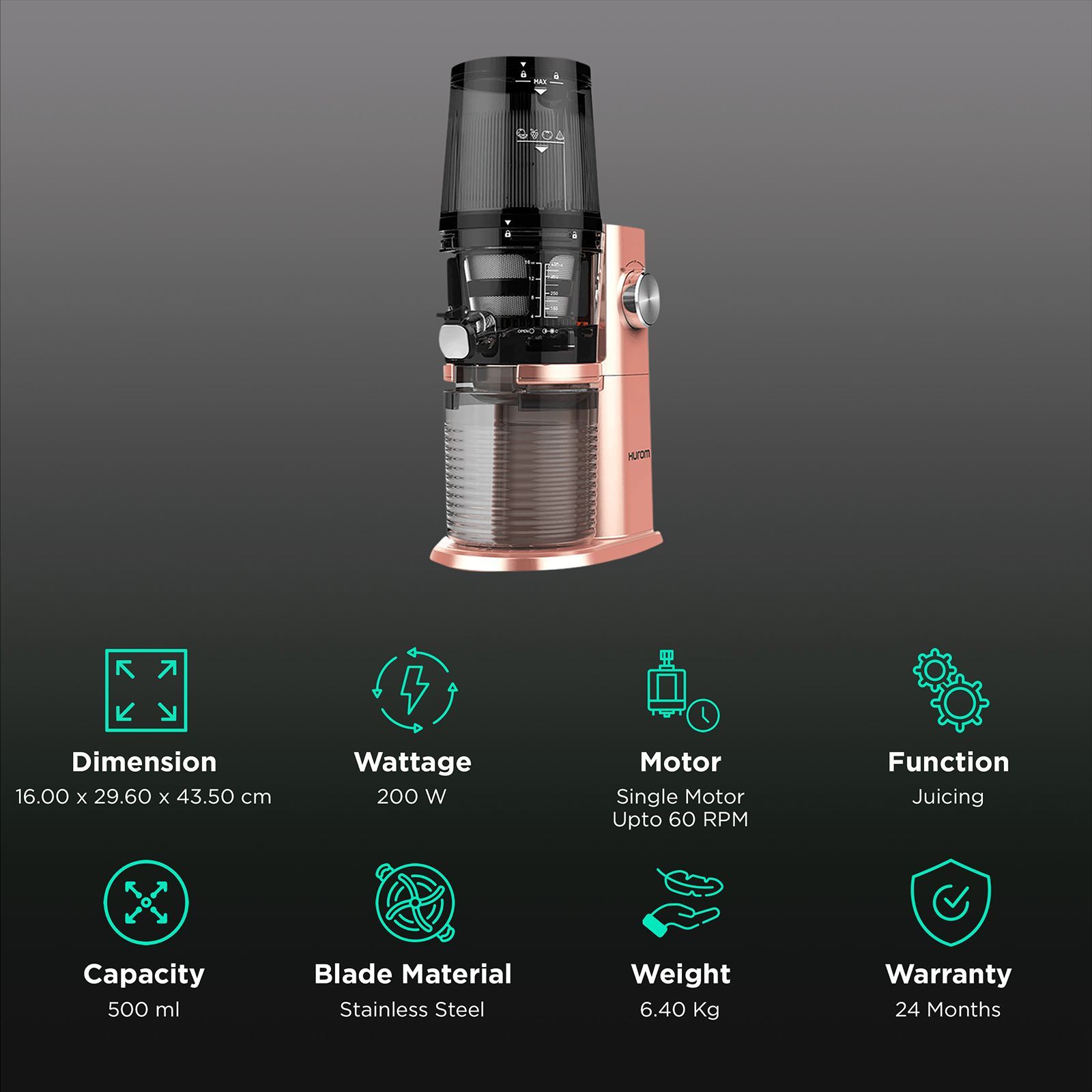 Hurom H-AI Series 200 Watt Cold Press Slow Juicer (60 RPM, Latest Squeezing Technology, Rose Gold)_2