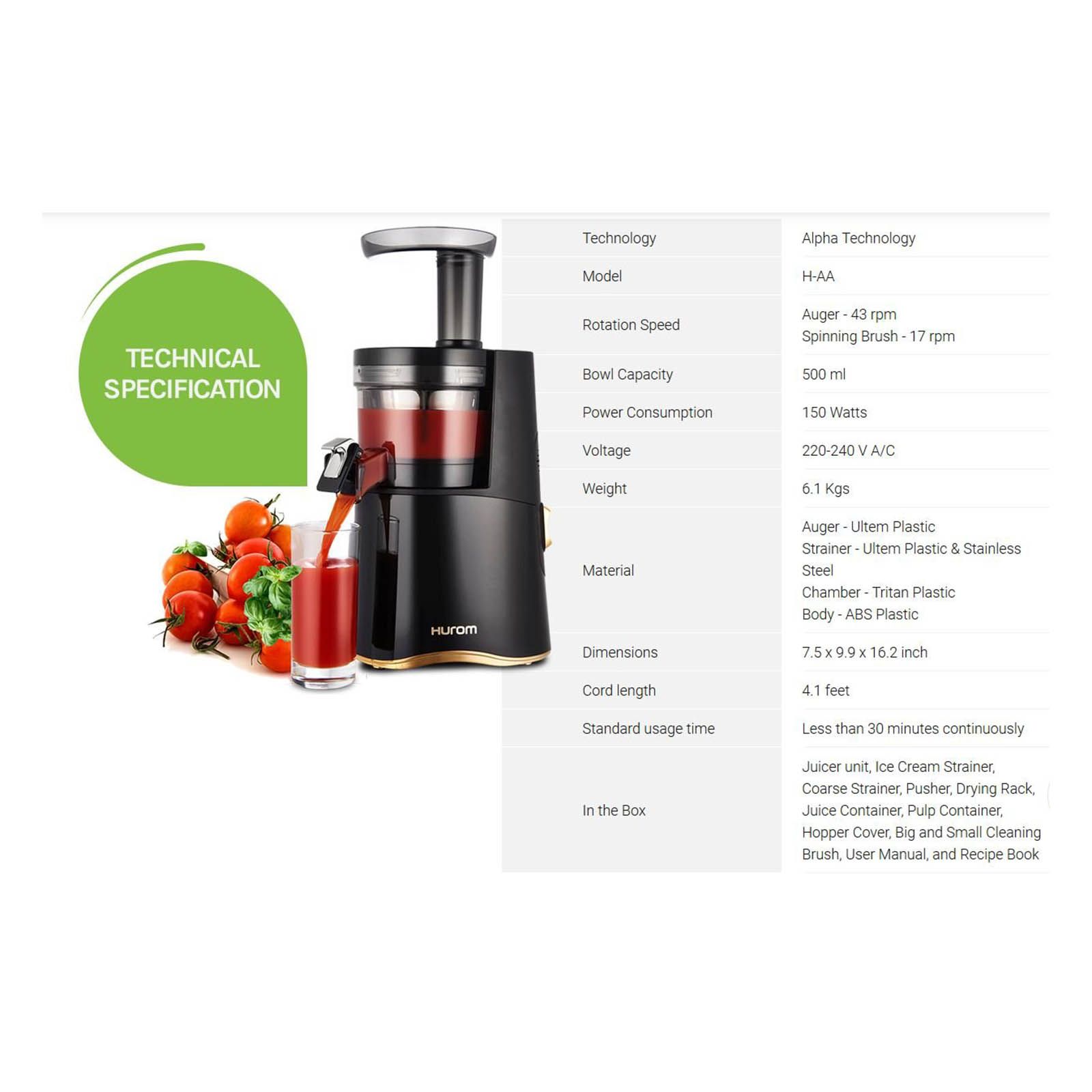 Hurom Classic Series 150 Watt Cold Press Juicer (43 RPM, Slow Squeeze Technology, Rose Gold)_8