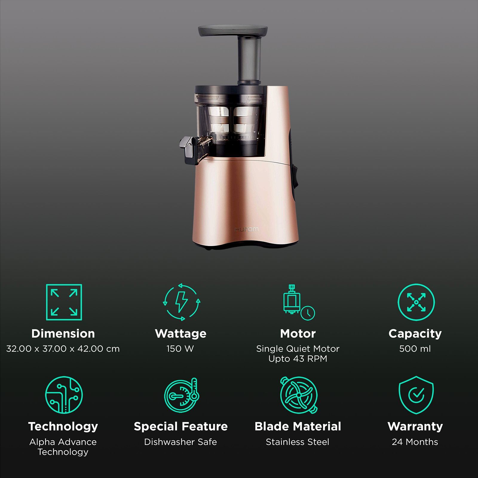 Hurom Classic Series 150 Watt Cold Press Juicer (43 RPM, Slow Squeeze Technology, Rose Gold)_2