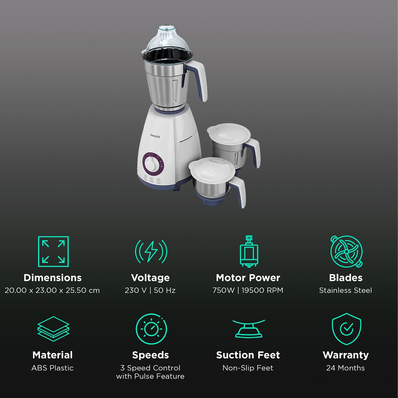 PHILIPS Viva Collection 750 Watt 3 Jars Mixer Grinder (19500 RPM, Auto Cut Off Protection, White/Blue) PHILIPS Viva Collection 750 Watt 3 Jars Mixer Grinder (19500 RPM, Auto Cut Off Protection, White/Blue)_2