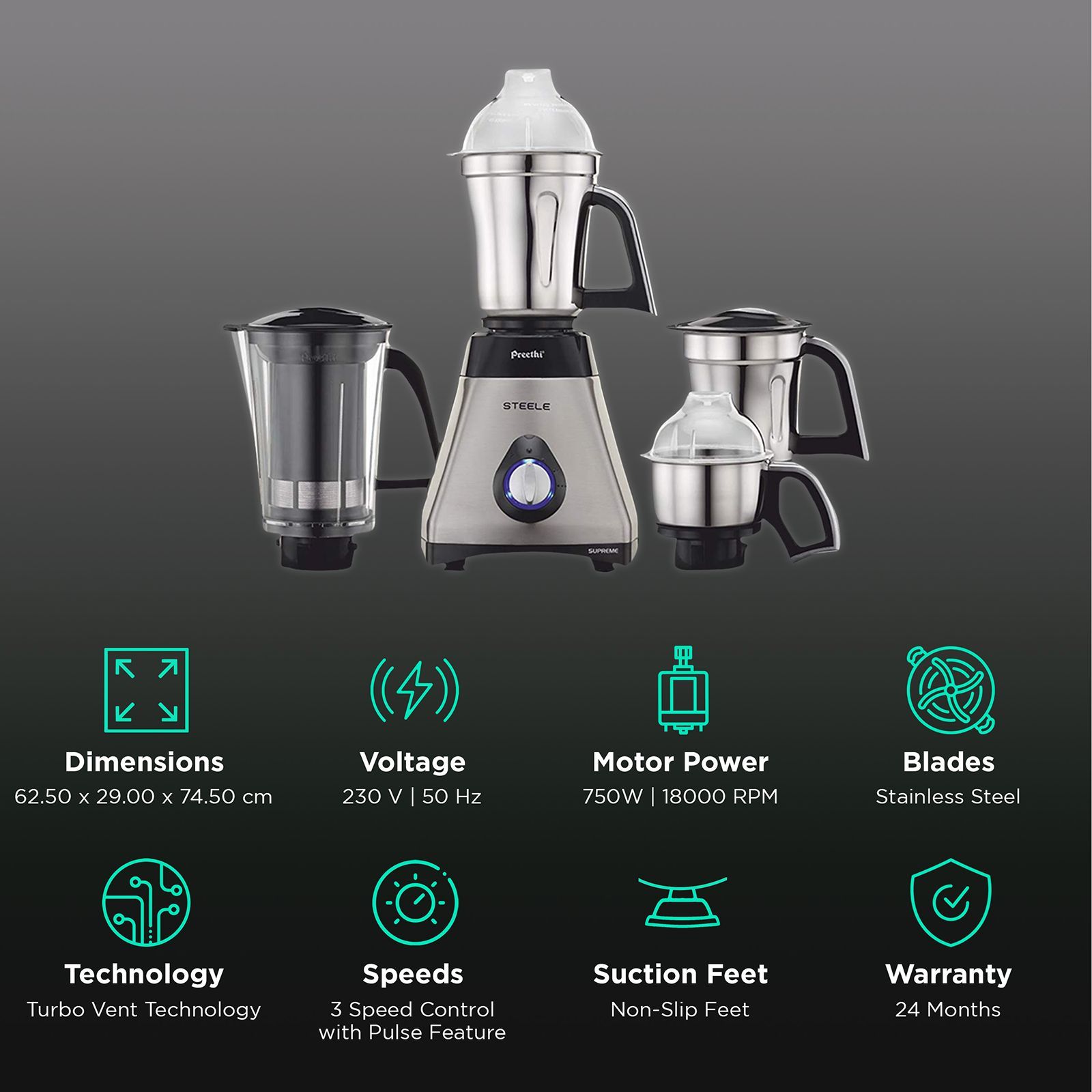 Preethi Steele Supreme 750 Watt 4 Jars Mixer Grinder (18000 RPM, Turbo Vent Technology, Grey)_2
