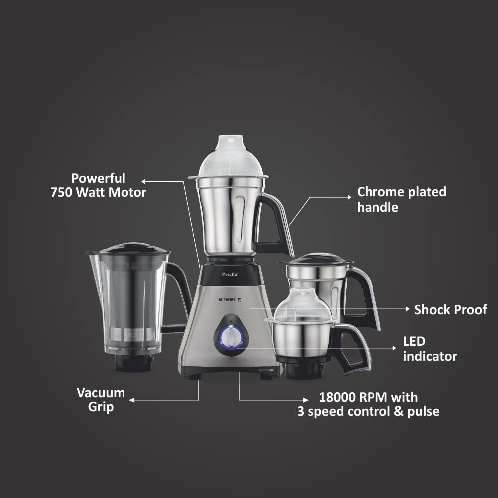 Preethi Steele Supreme 750 Watt 4 Jars Mixer Grinder (18000 RPM, Turbo Vent Technology, Grey)_17