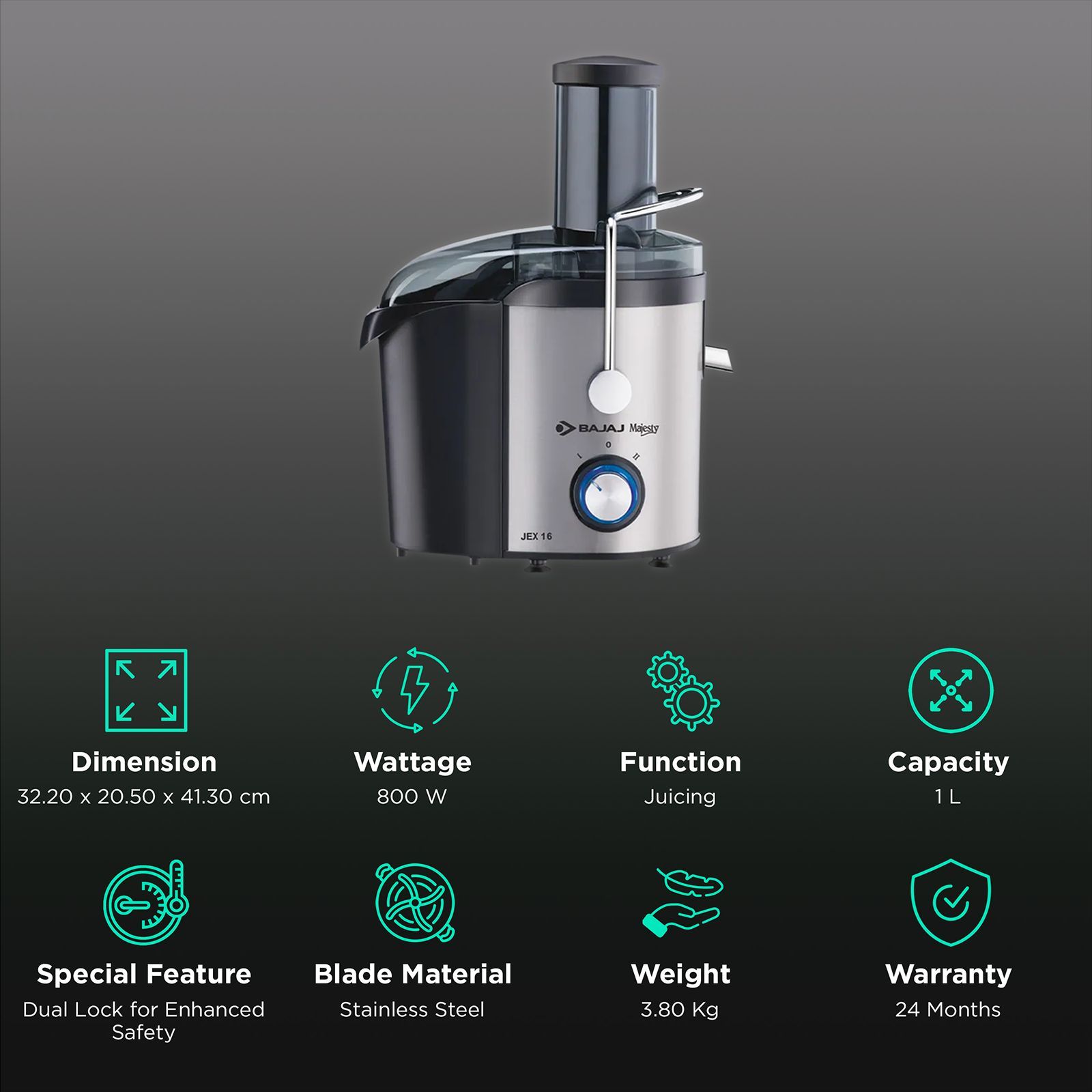 BAJAJ Majesty JEX 16 800 Watt 1 Jar Juicer (Elegant Backlit LED Control Panel, Black)_2