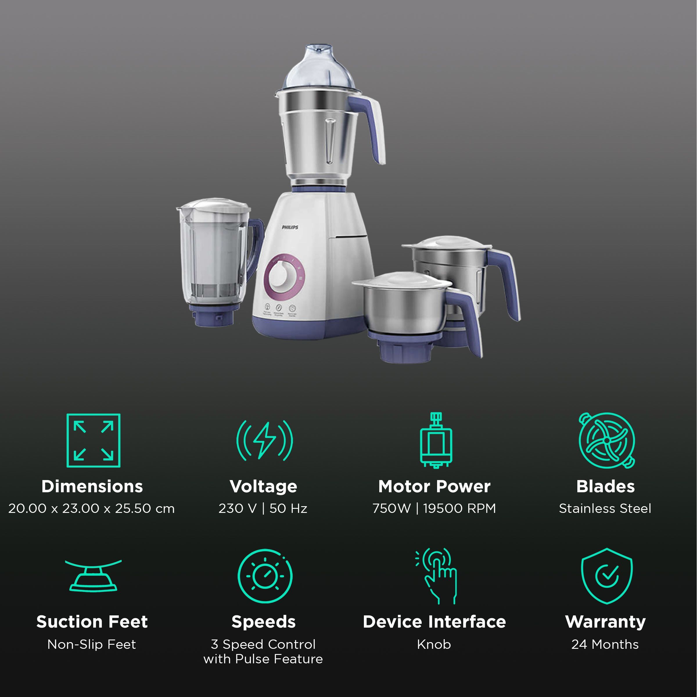 PHILIPS Viva Collection 750 Watt 4 Jars Mixer Grinder (19500 RPM, Auto Cut Off Protection, White/Blue)_2