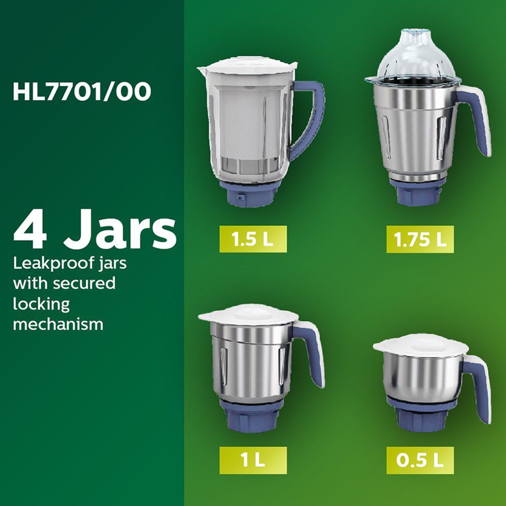 PHILIPS Viva Collection 750 Watt 4 Jars Mixer Grinder (19500 RPM, Auto Cut Off Protection, White/Blue)_16