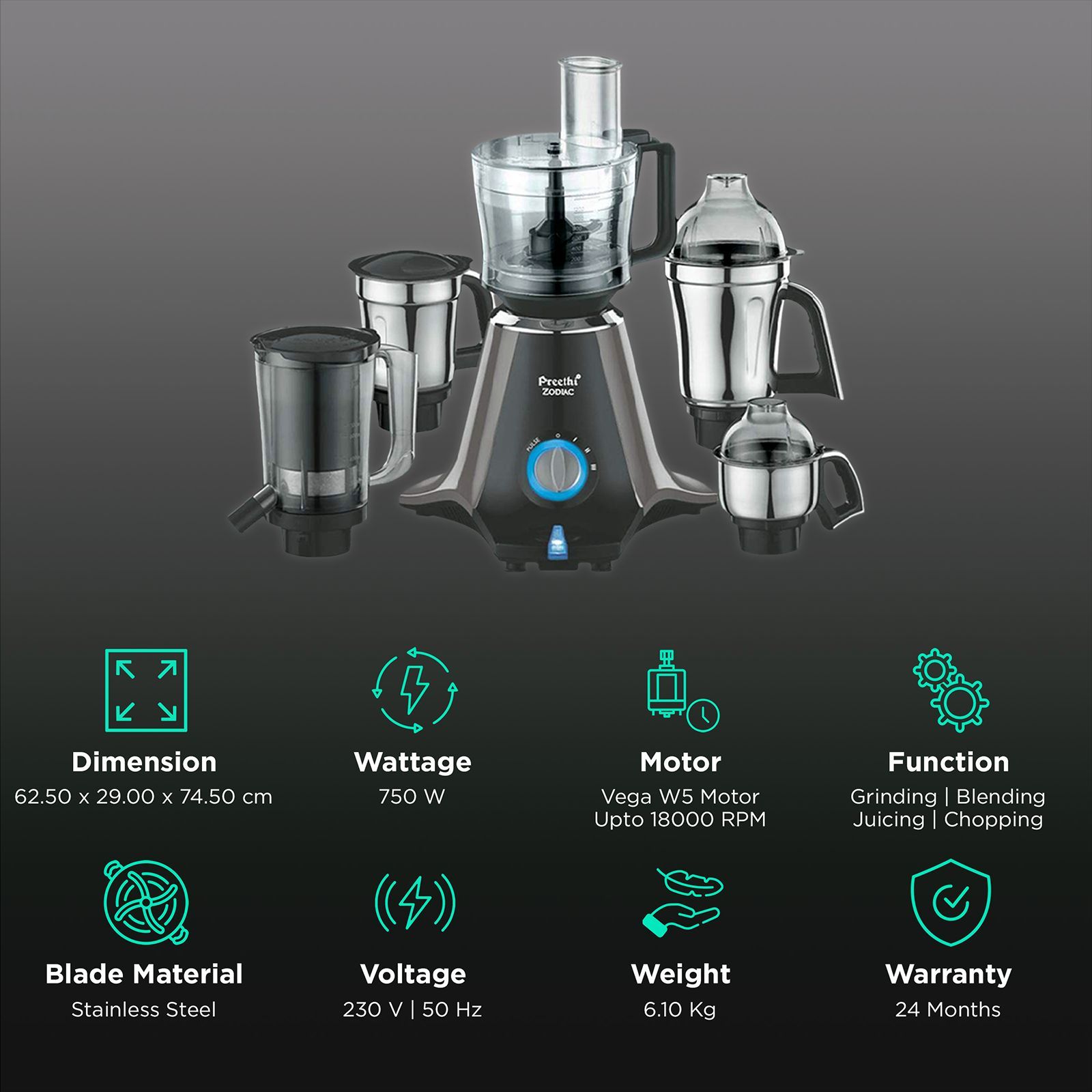 Preethi Zodiac 750 Watt 5 Jars Juicer Mixer Grinder (19000 RPM, 3D Cooling System, Black)_2