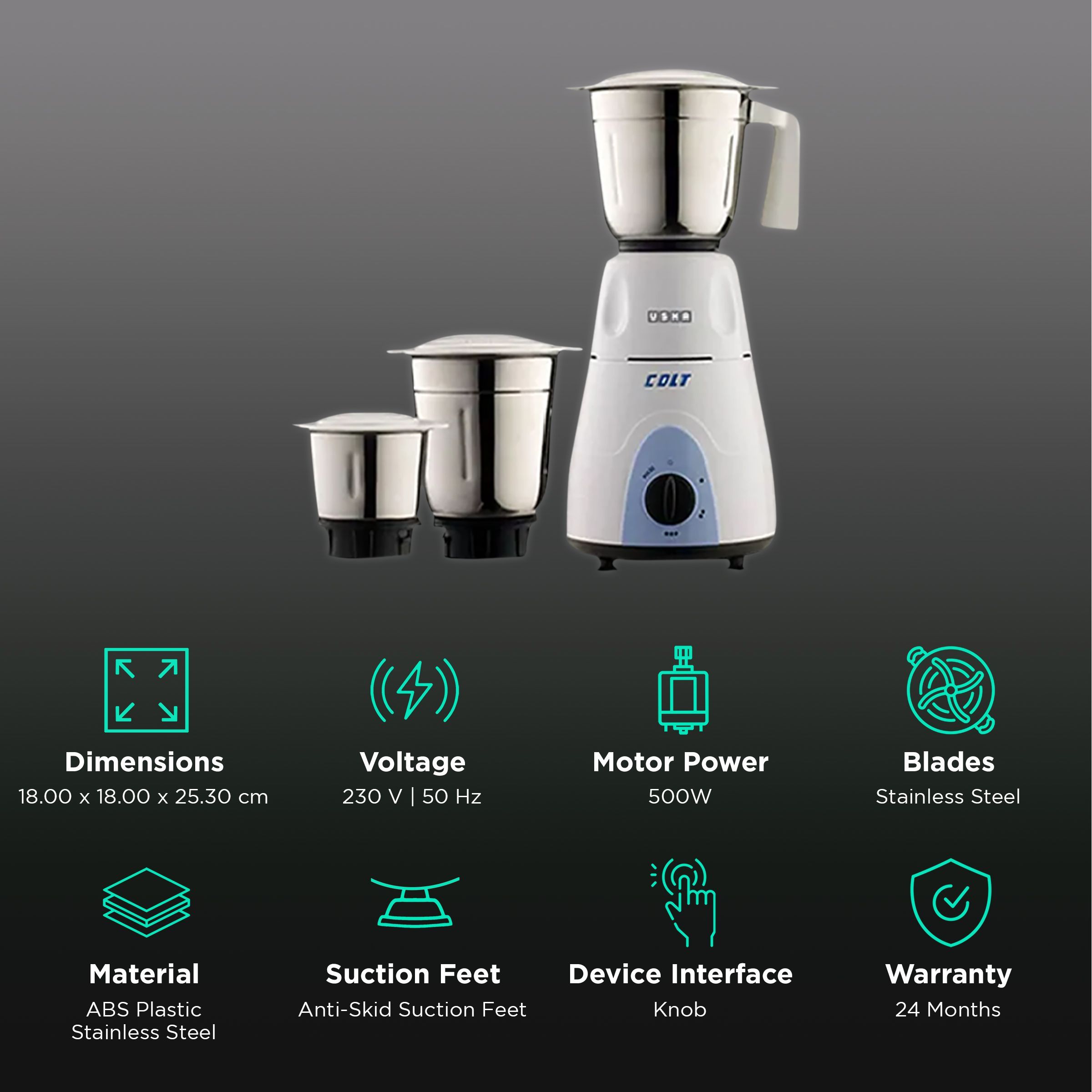USHA Colt 500 Watt 3 Jars Mixer Grinder (Overload Protection, White/Blue)_2