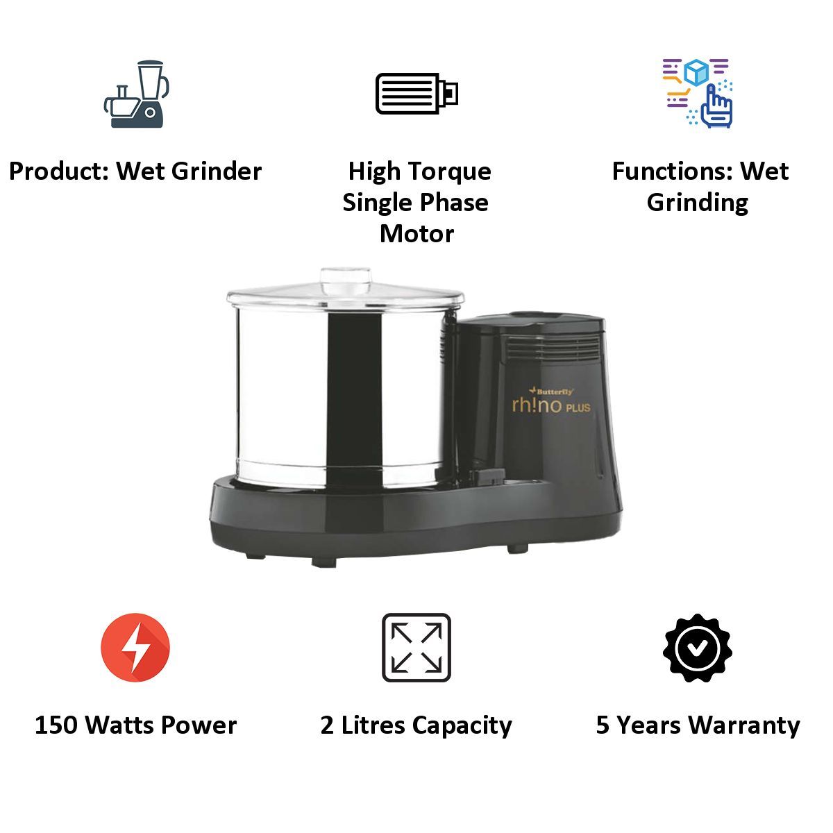 Butterfly 150 Watt Wet Grinder (Rhino Plus, Grey)_5