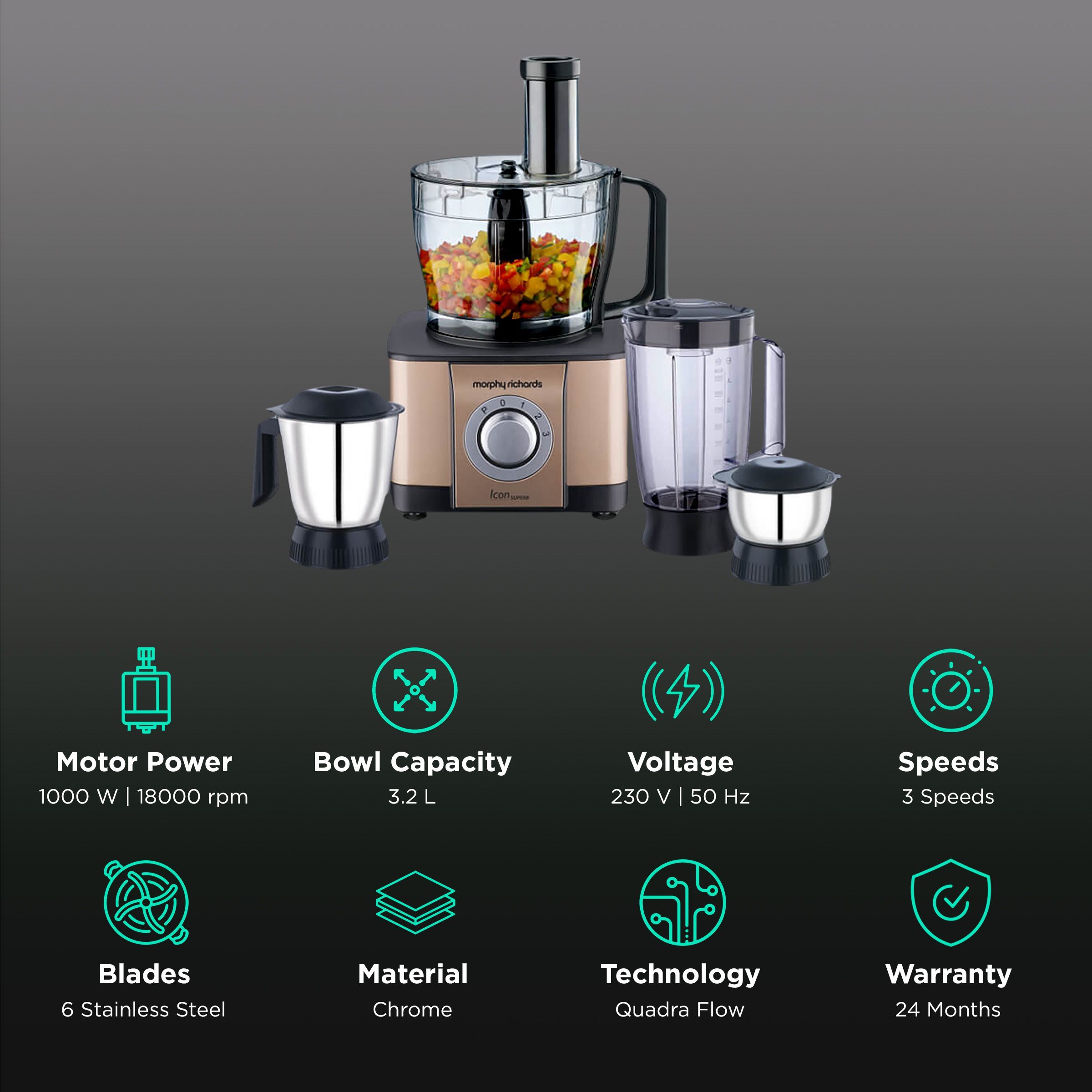 morphy richards Icon Superb 1000 Watt Food Processor with 6 Blades (Glazing Copper Gold)_2