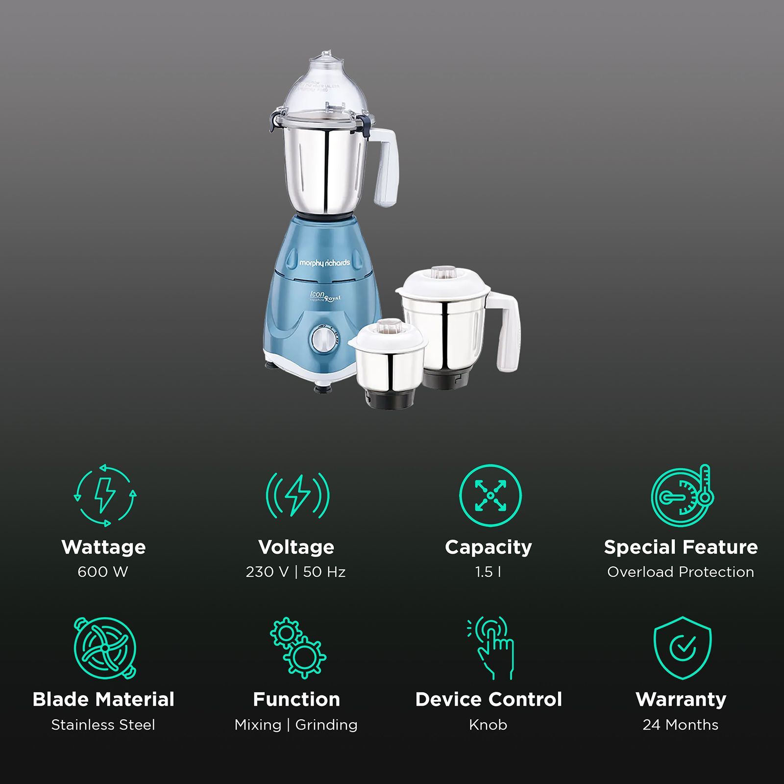 morphy richards Icon Royale 600 Watt 3 Jars Mixer Grinder (18000 RPM, Overload Protection, Sapphire)_2