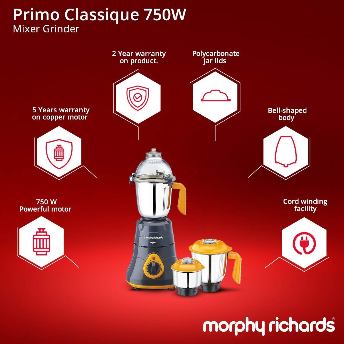 morphy richards Primo Classique 750 Watt 3 Jars Mixer Grinder (18000 RPM, Overload Protection, Grey/Orange)_11