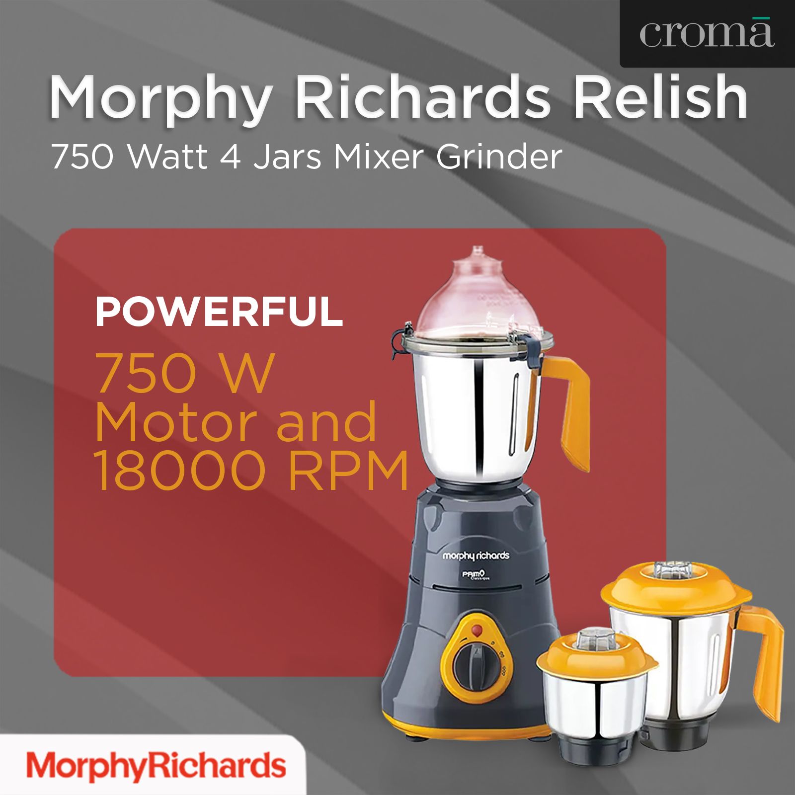 morphy richards Primo Classique 750 Watt 3 Jars Mixer Grinder (18000 RPM, Overload Protection, Grey/Orange)_12
