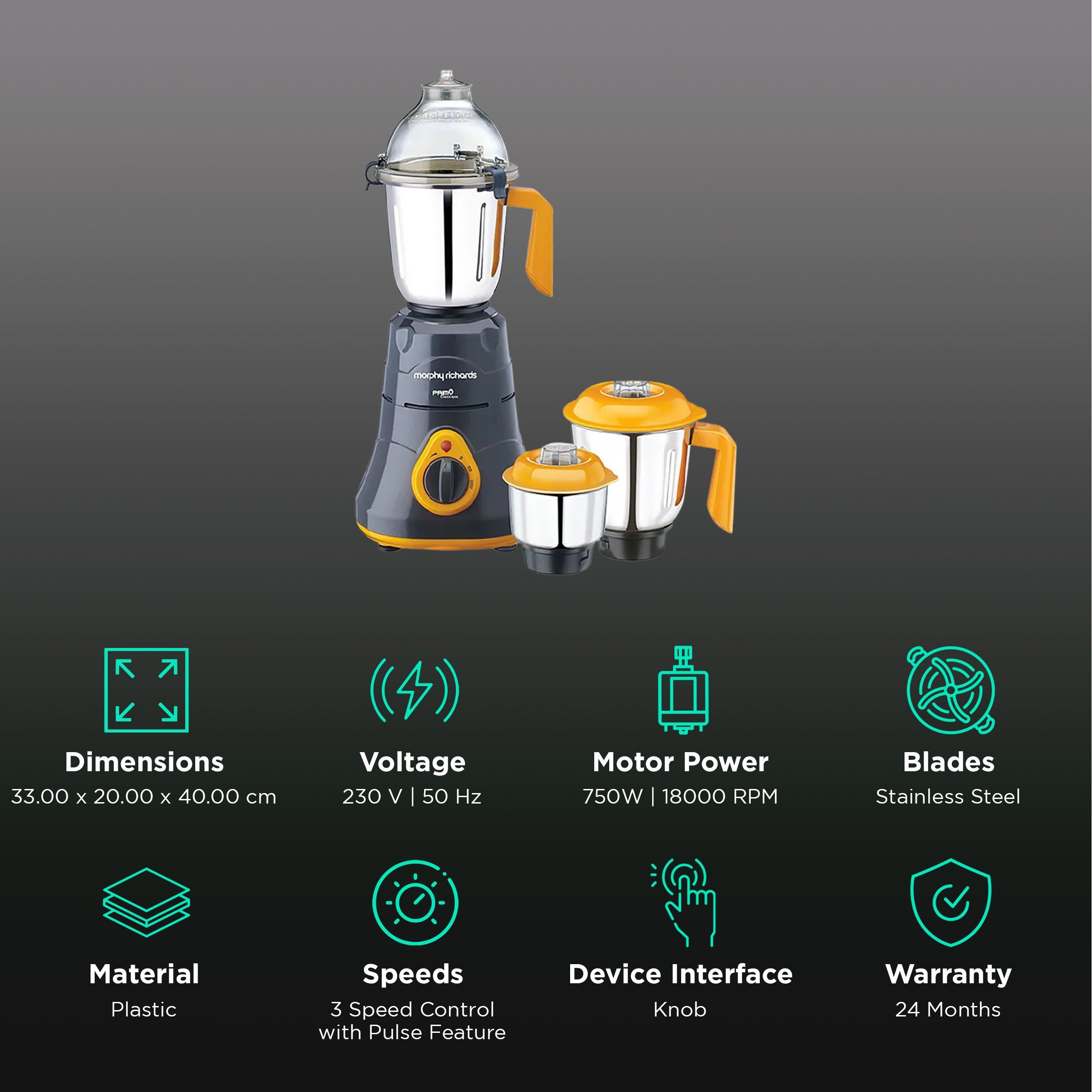 morphy richards Primo Classique 750 Watt 3 Jars Mixer Grinder (18000 RPM, Overload Protection, Grey/Orange)_2