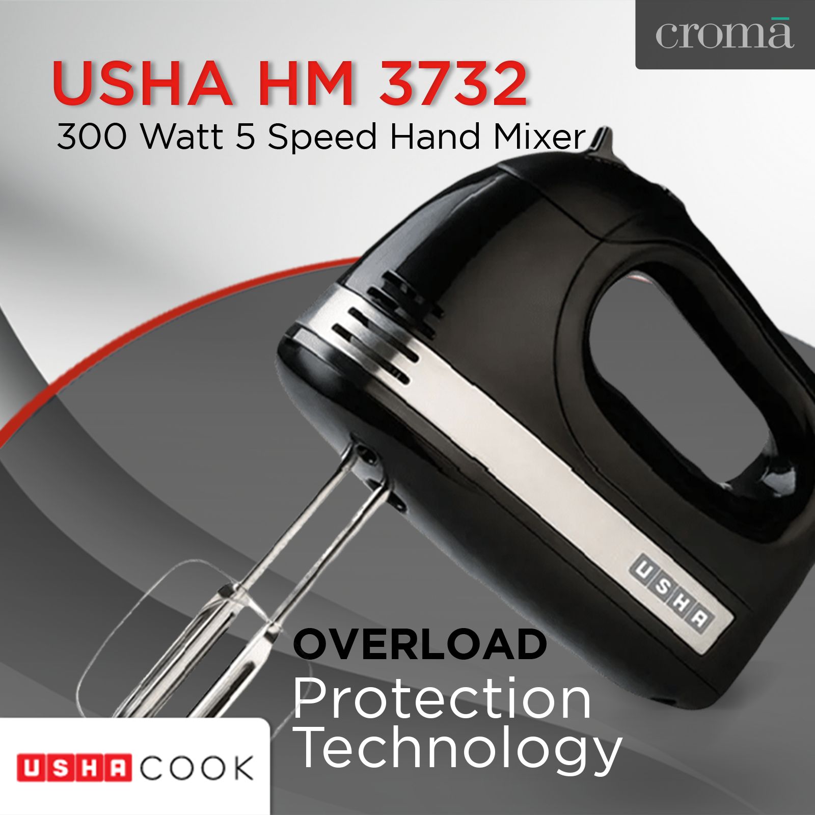 USHA HM 3732 300 Watt 5 Speed Hand Mixer with 2 Attachments (Turbo Setting, Black) USHA HM 3732 300 Watt 5 Speed Hand Mixer with 2 Attachments (Turbo Setting, Black)_15
