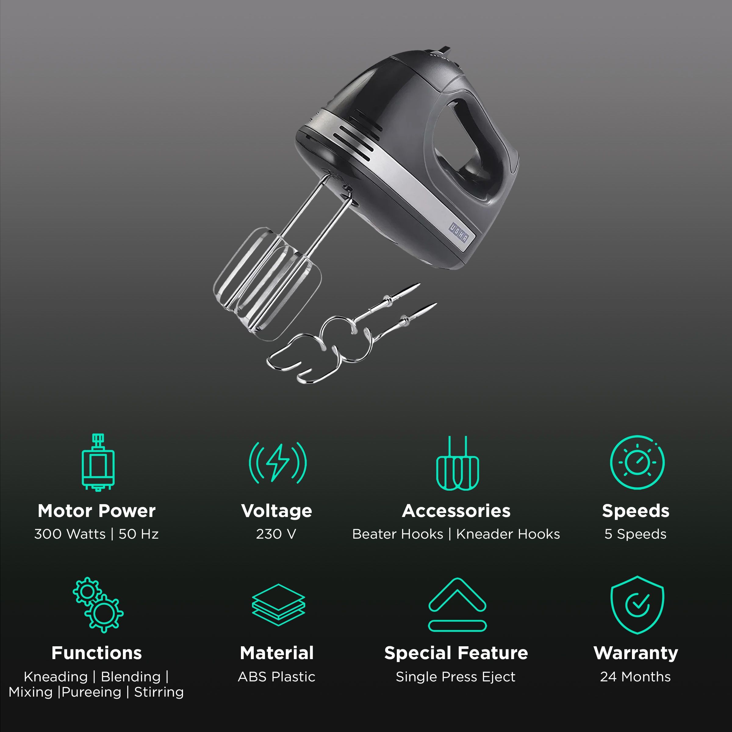 USHA HM 3732 300 Watt 5 Speed Hand Mixer with 2 Attachments (Turbo Setting, Black) USHA HM 3732 300 Watt 5 Speed Hand Mixer with 2 Attachments (Turbo Setting, Black)_2