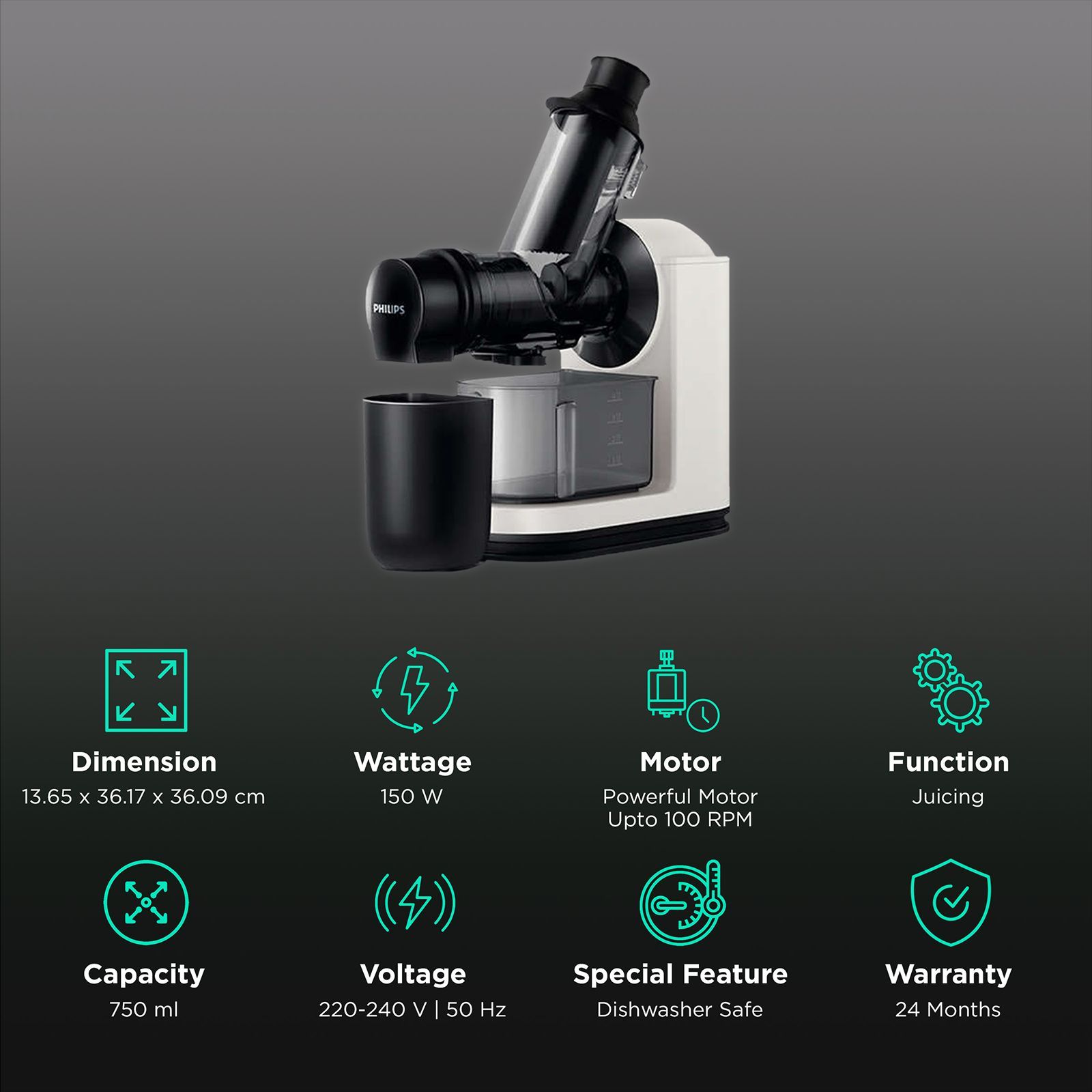 PHILIPS Viva Collection 150 Watt 1 Jar Masticating Juicer (100 RPM, QuickClean Technology, Black/White)_2