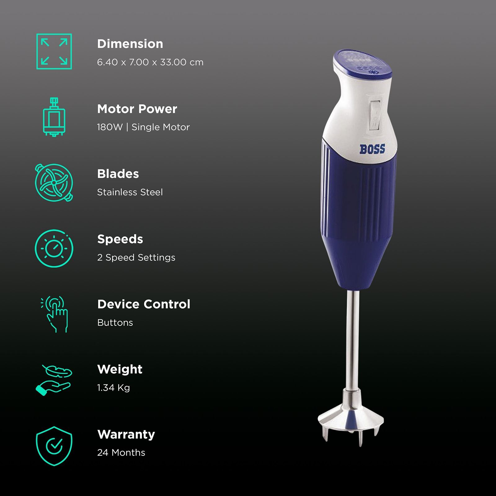 BOSS Big Boss 180 Watt 2 Speed Hand Blender with 4 Attachments (Push Button Control, Twin Blue)_2