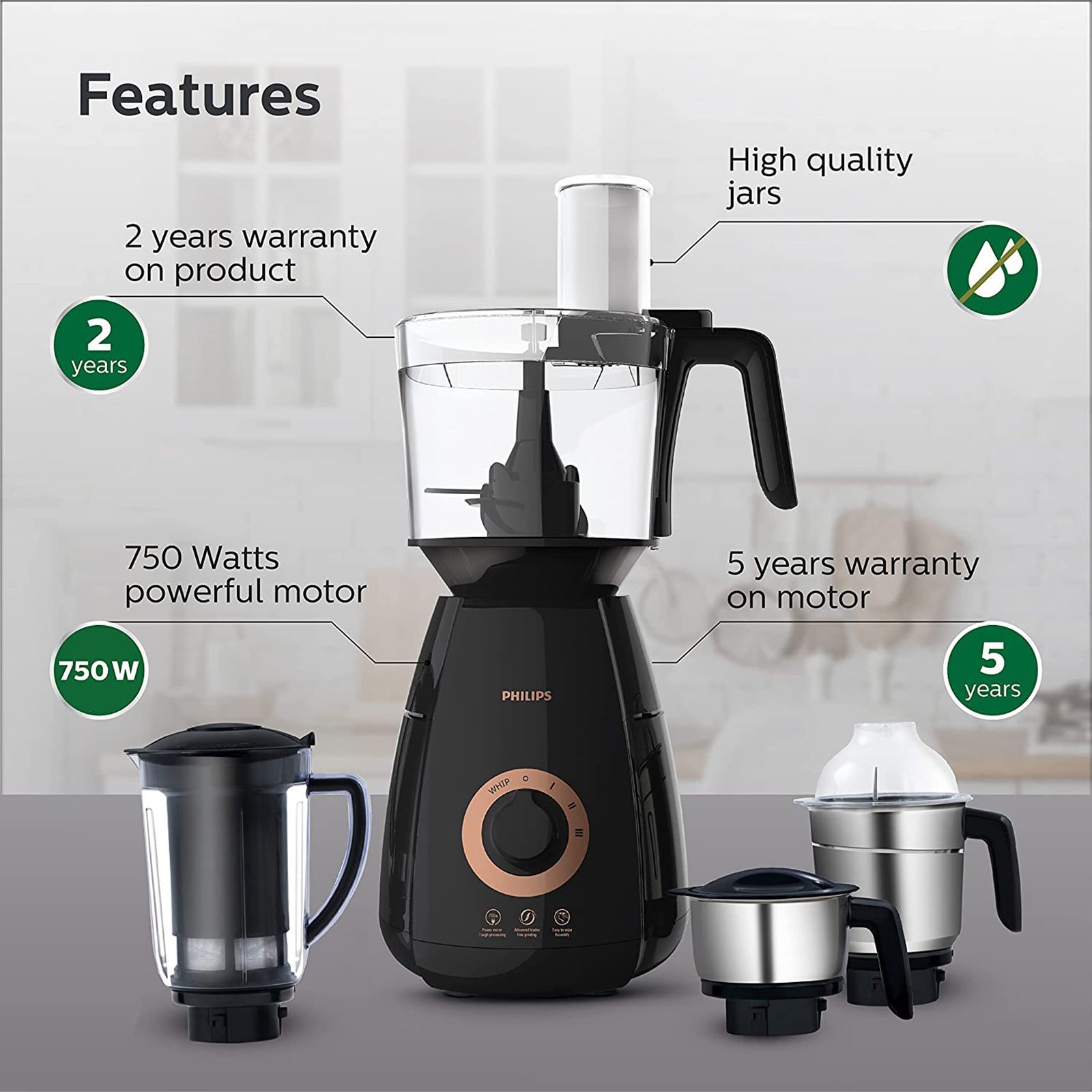 PHILIPS Avance Collection 750 Watt 4 Jars Mixer Grinder (20000 RPM, Gear Drive Technology, Black)_15
