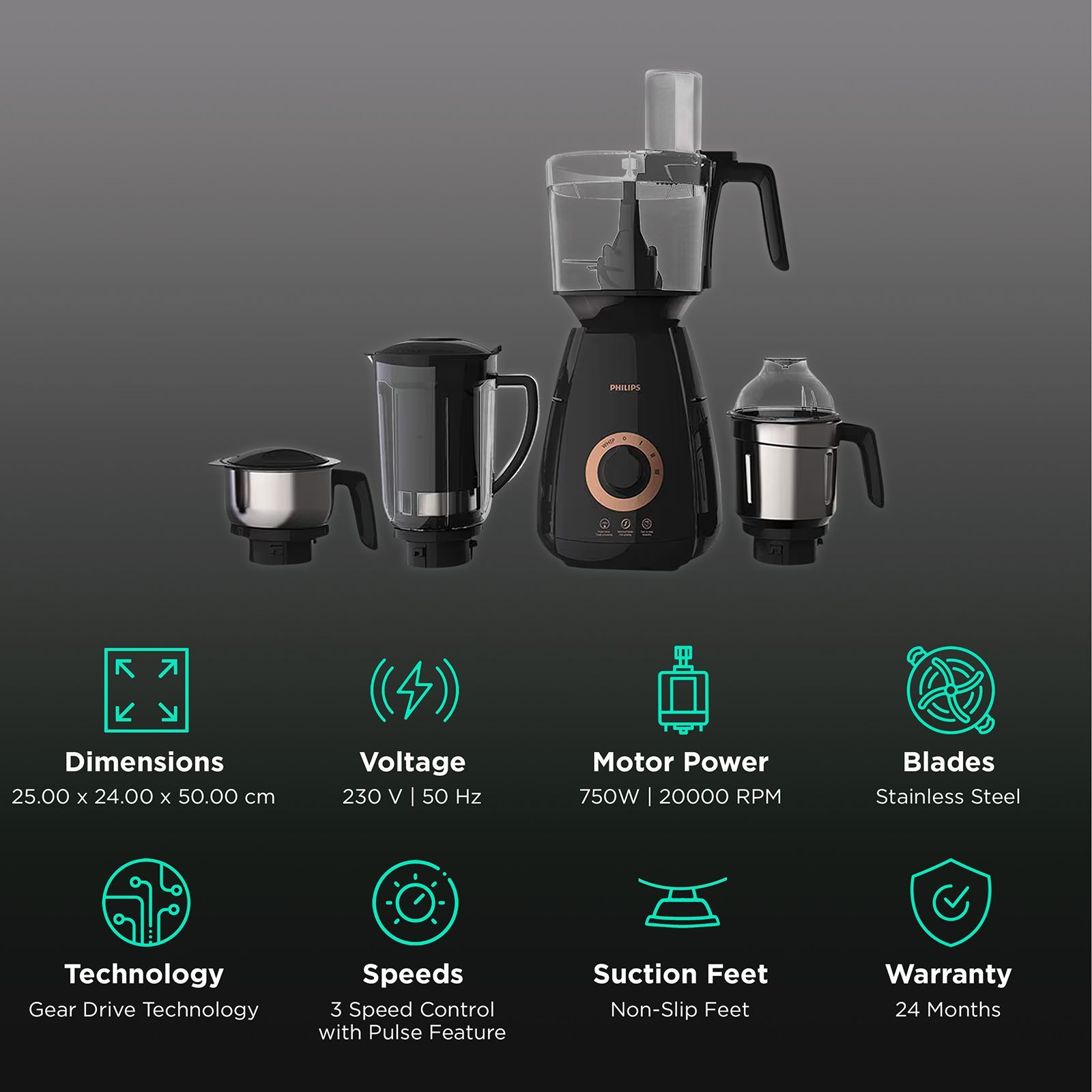 PHILIPS Avance Collection 750 Watt 4 Jars Mixer Grinder (20000 RPM, Gear Drive Technology, Black)_2