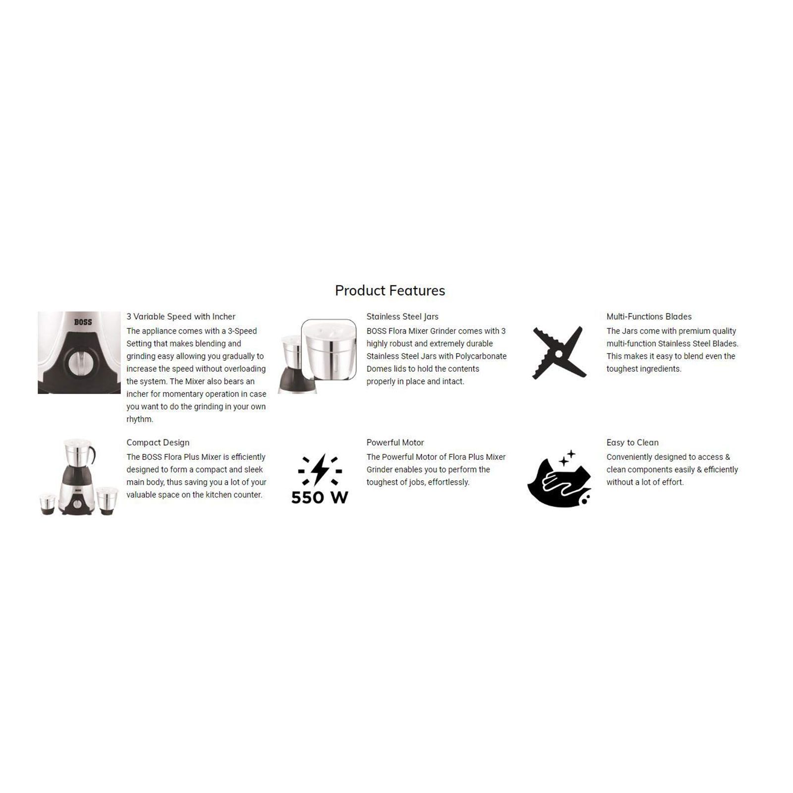 BOSS Flora Deluxe 550 Watt 3 Jars Mixer Grinder (3 Speed Control with Incher, Black/Silver)_9