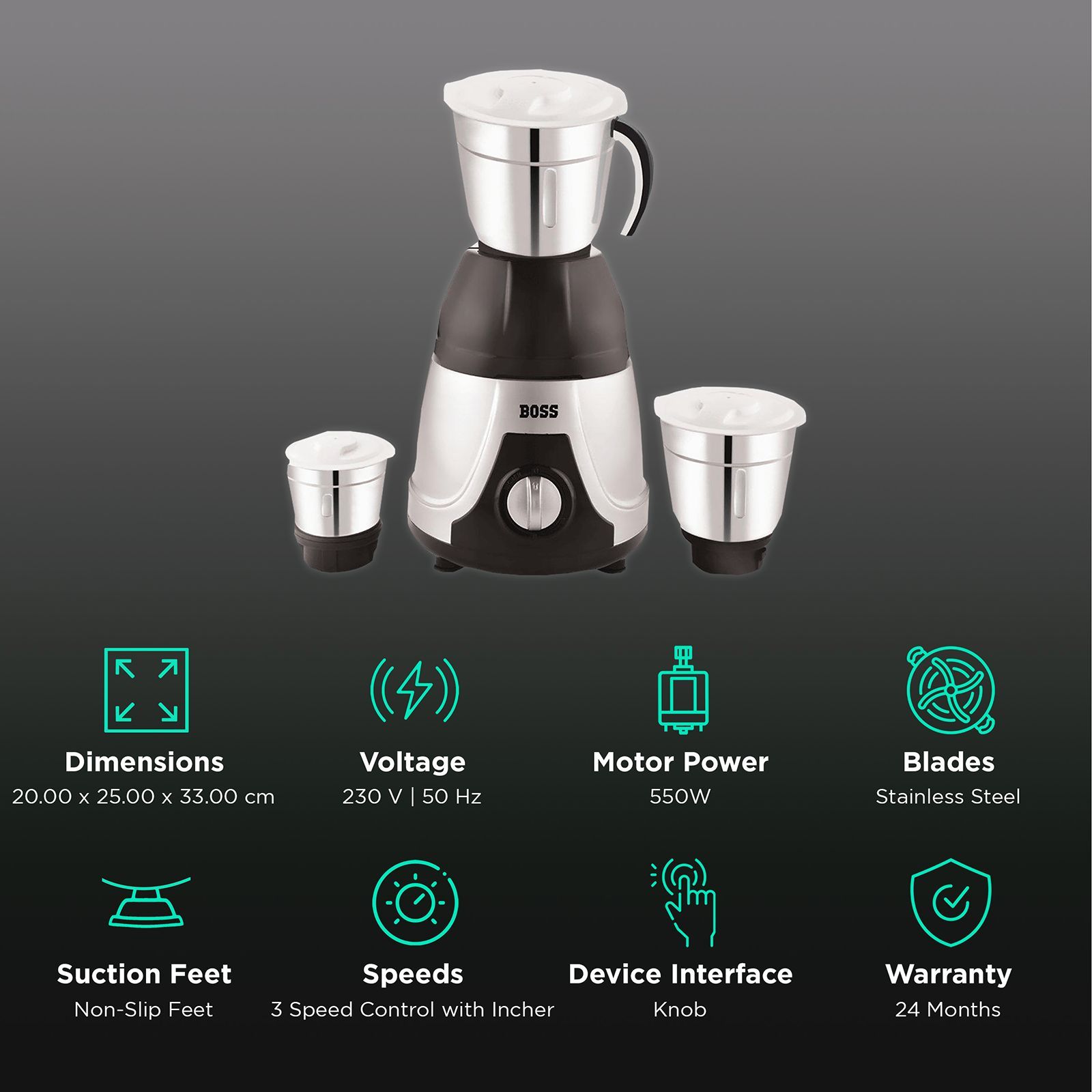 BOSS Flora Deluxe 550 Watt 3 Jars Mixer Grinder (3 Speed Control with Incher, Black/Silver)_2