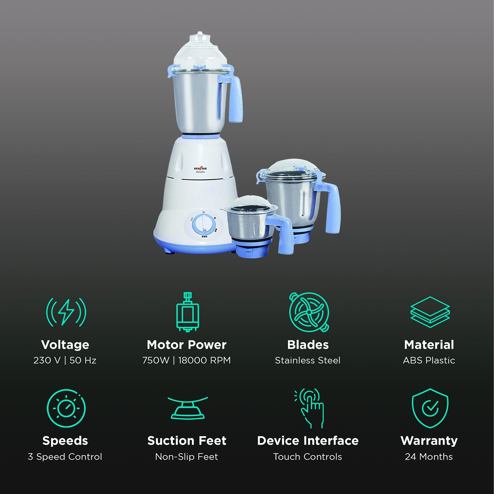 KENSTAR Slender-7 750 Watt 3 Jars Mixer Grinder (18000 RPM, Hybrid Motor, Parker White/Blue)_2