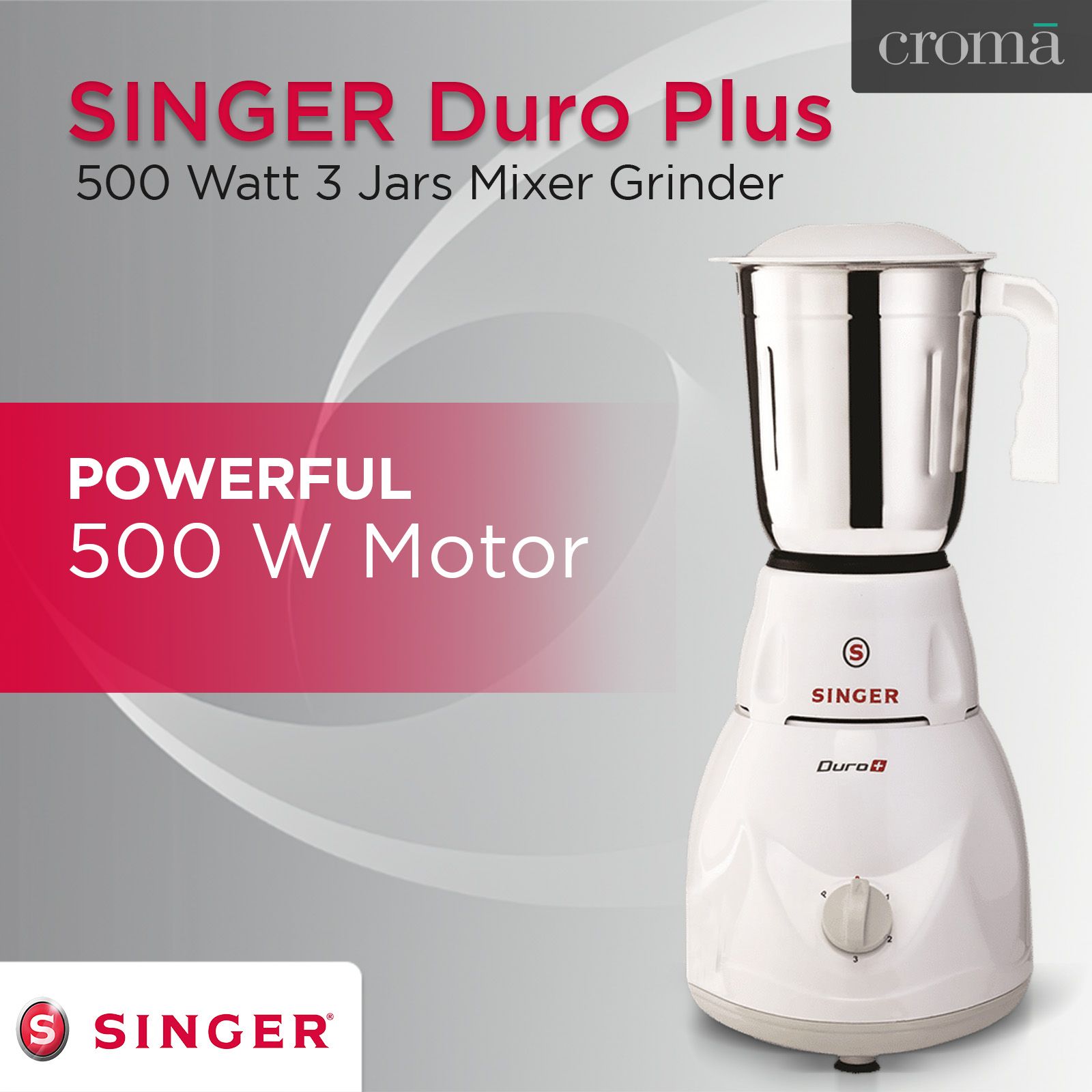 SINGER Duro Plus 500 Watt 3 Jars Mixer Grinder (3 Speed Control with Pulse Function, White)_9