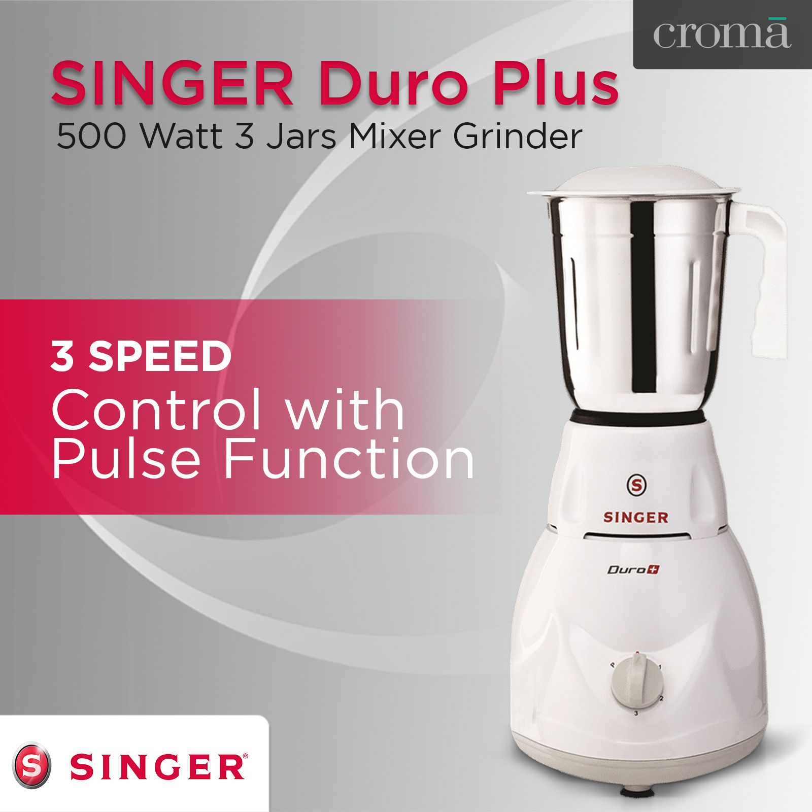 SINGER Duro Plus 500 Watt 3 Jars Mixer Grinder (3 Speed Control with Pulse Function, White)_11