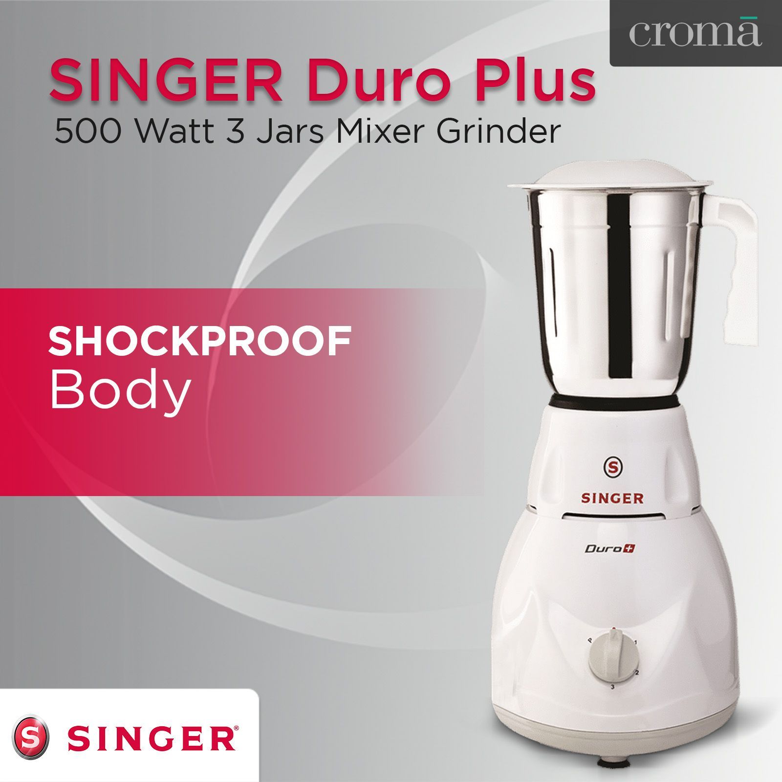 SINGER Duro Plus 500 Watt 3 Jars Mixer Grinder (3 Speed Control with Pulse Function, White)_12