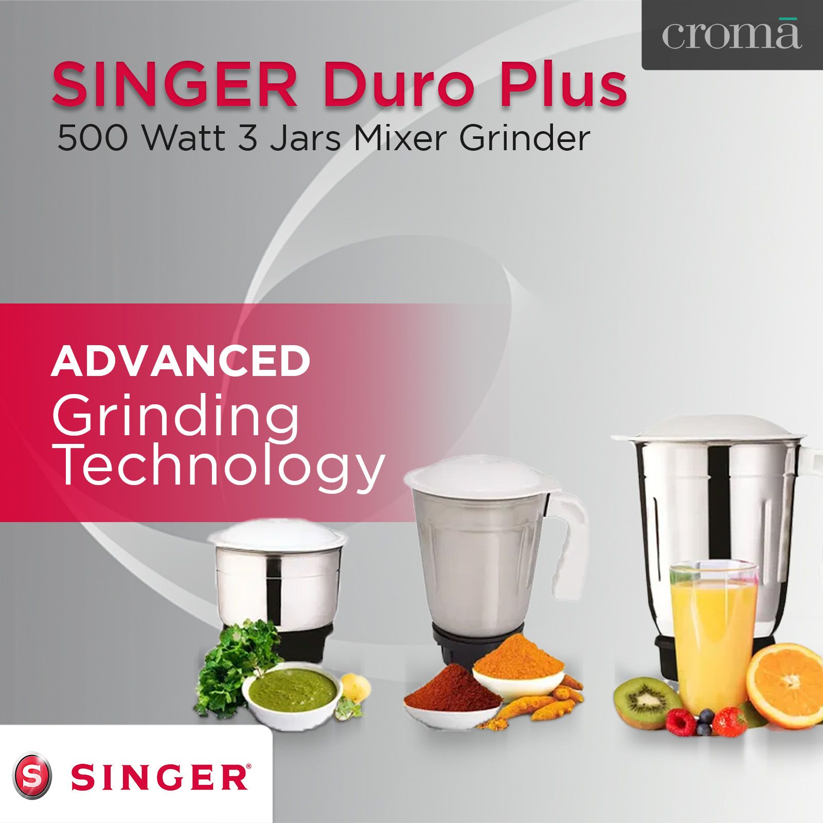 SINGER Duro Plus 500 Watt 3 Jars Mixer Grinder (3 Speed Control with Pulse Function, White)_14