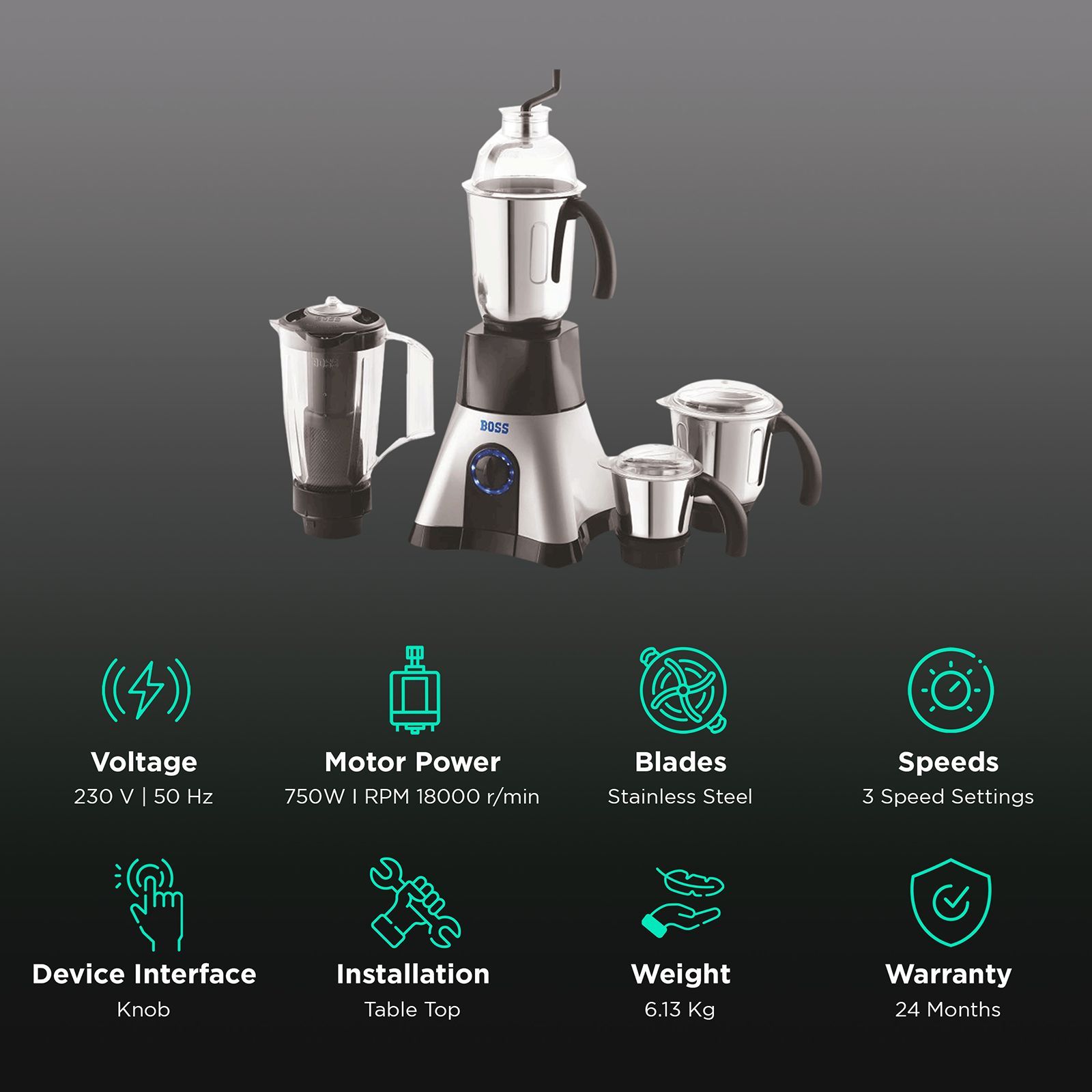 BOSS Cyclone 750 Watt 4 Jars Mixer Grinder (18000 RPM, LED Indicators, Silver)_2