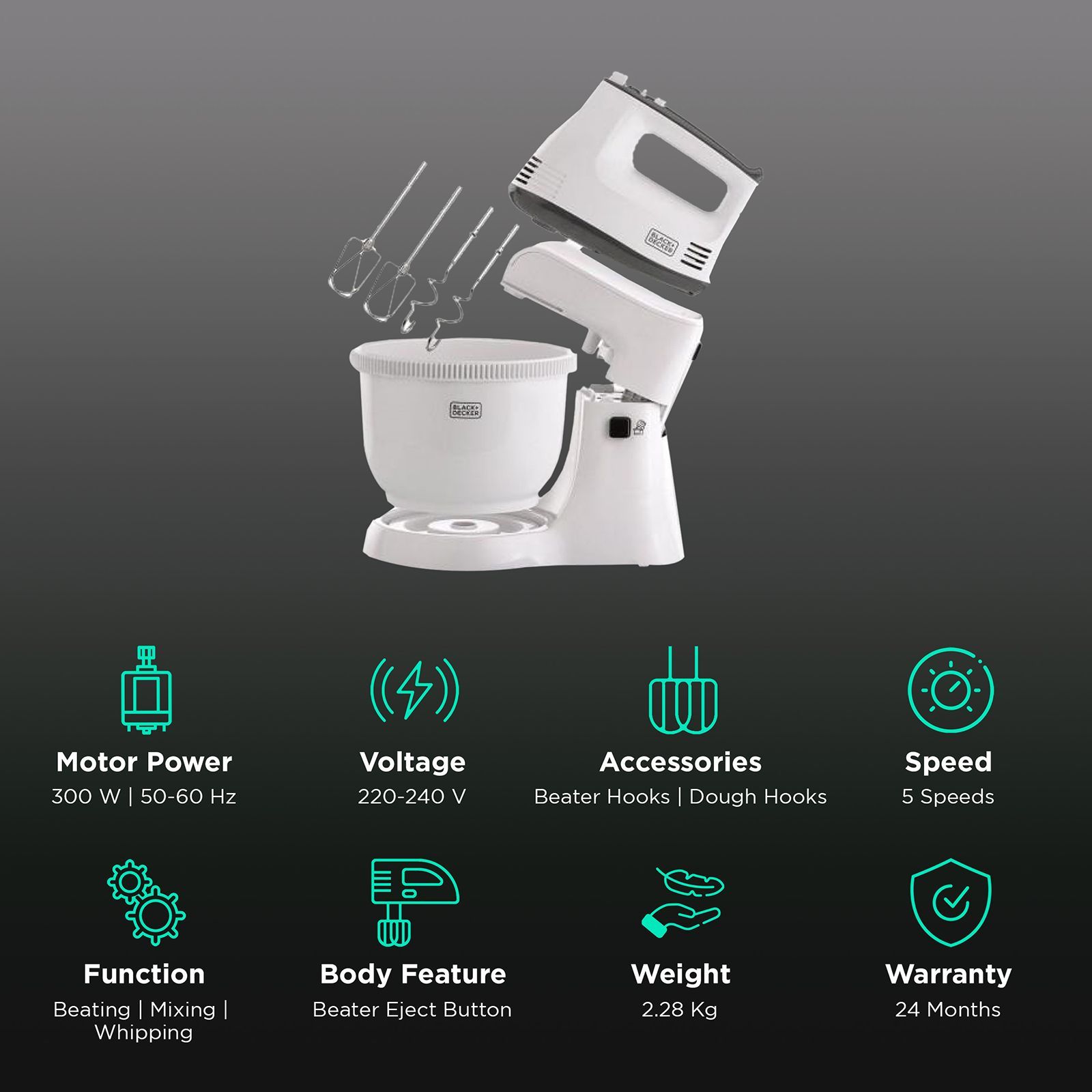 BLACK+DECKER M700 300 Watt 5 Speed Stand Mixer (Single Motor, White) BLACK+DECKER M700 300 Watt 5 Speed Stand Mixer (Single Motor, White)_2